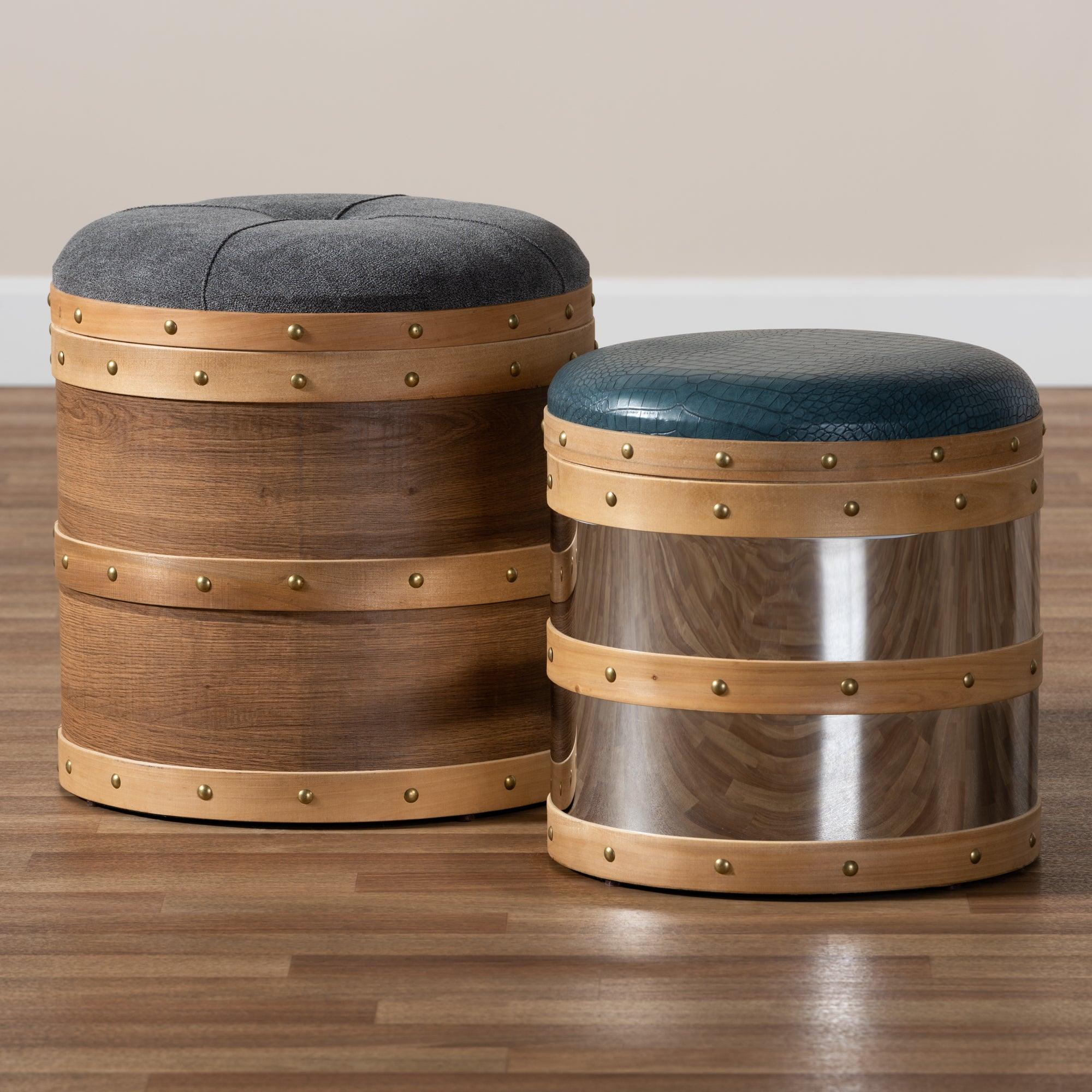 Caleb Modern and Contemporary Glam Fabric and Alligator Faux Leather Upholstered 2-Piece Wood and Metal Storage Ottoman Set