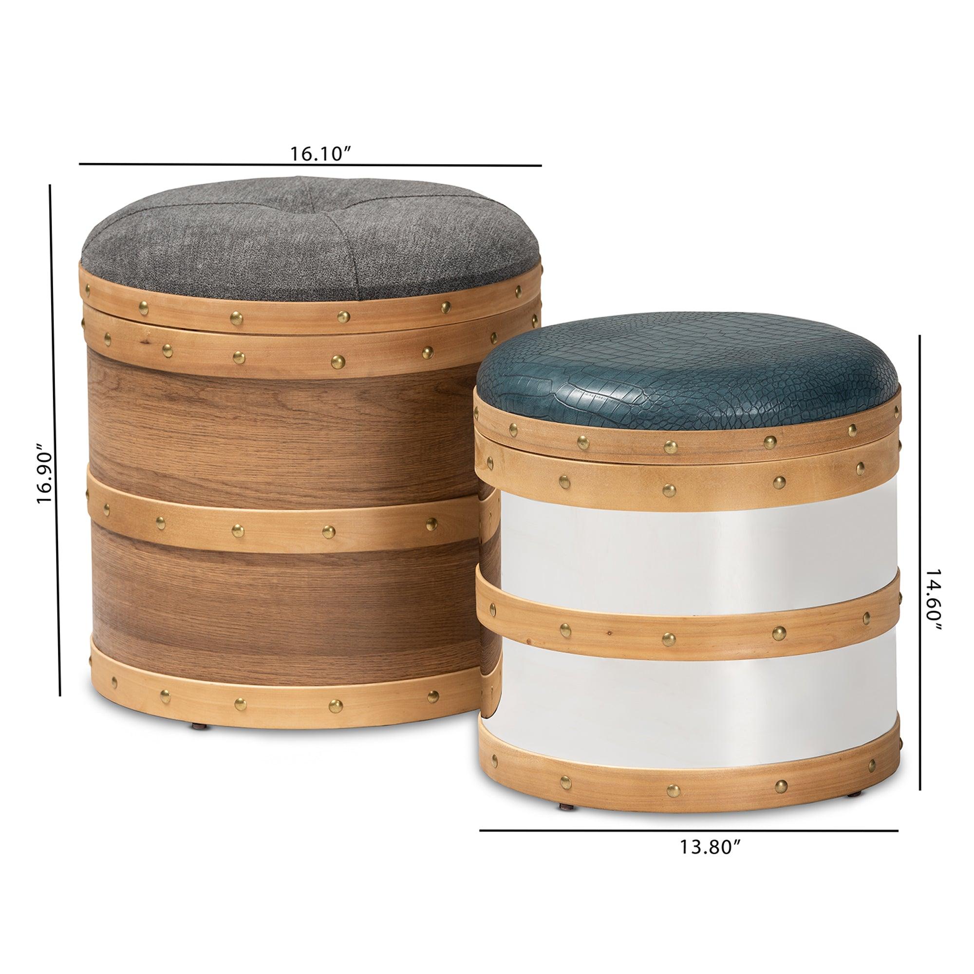 Caleb Modern and Contemporary Glam Fabric and Alligator Faux Leather Upholstered 2-Piece Wood and Metal Storage Ottoman Set