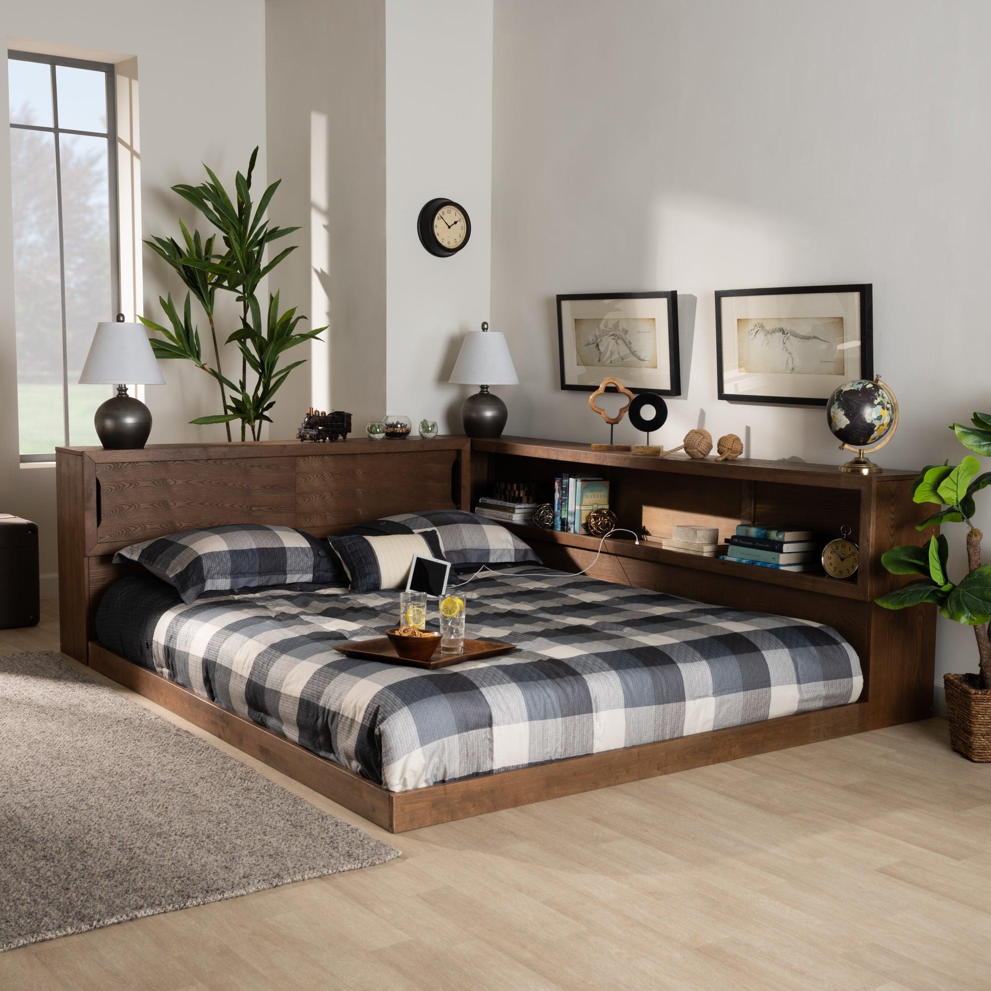 Erie Modern Rustic and Transitional Finished Wood Platform Storage Bed with Built-In Outlet