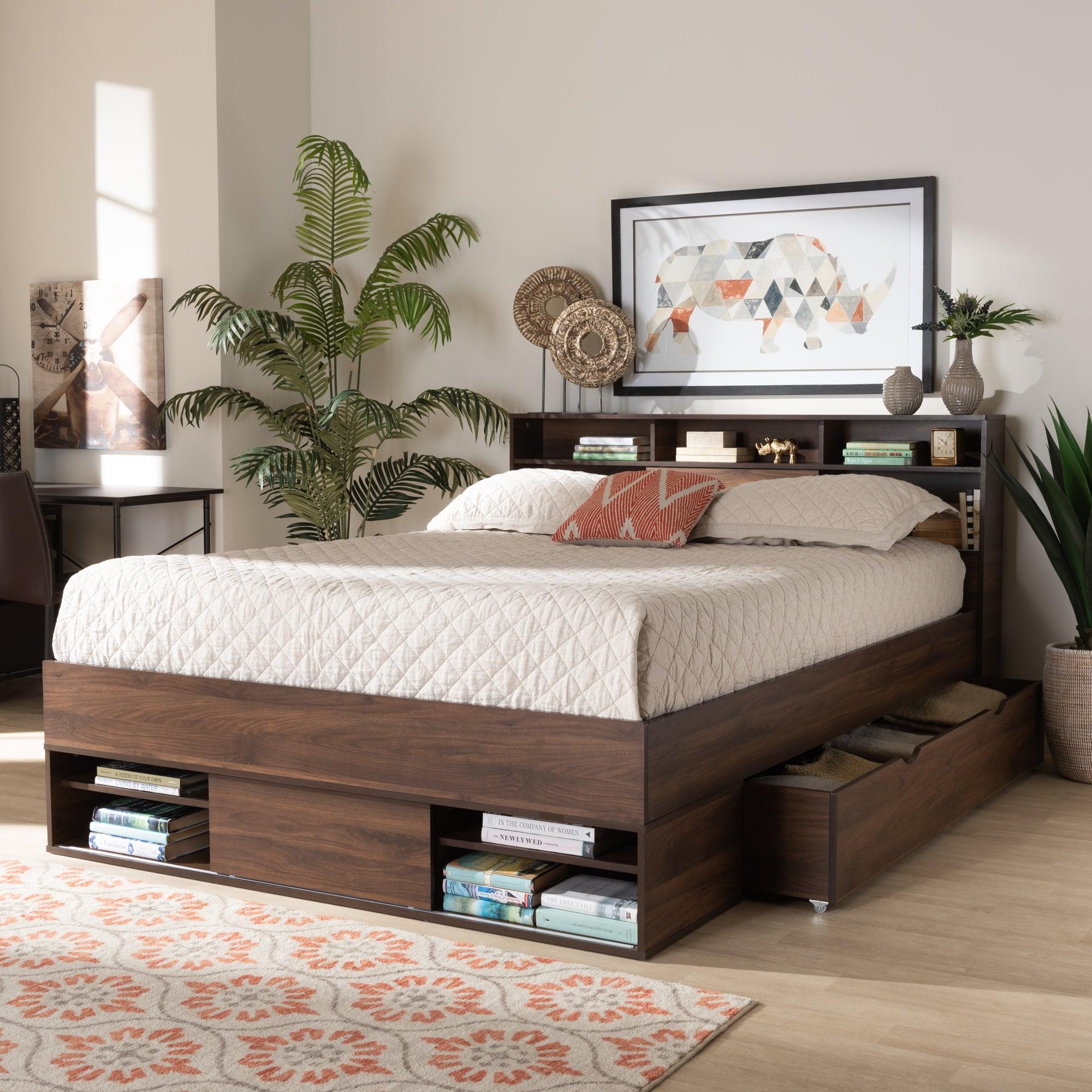 Tristan Modern and Contemporary Finished Wood 1-Drawer Platform Storage Bed with Shelves