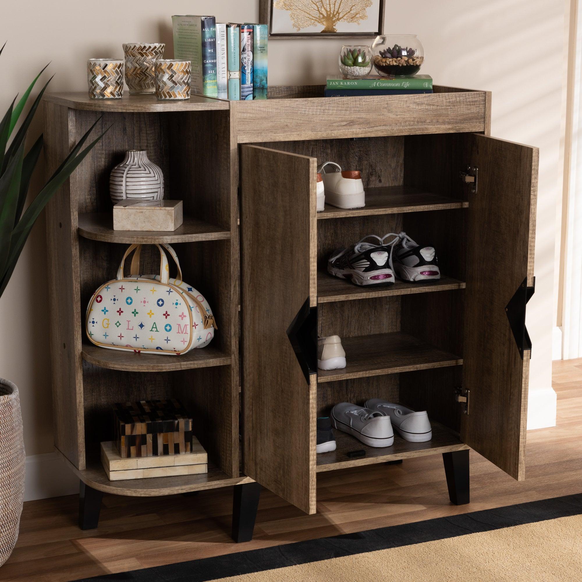 Wales Modern and Contemporary Rustic Finished Wood 2-Door Shoe Storage Cabinet with Open Shelves