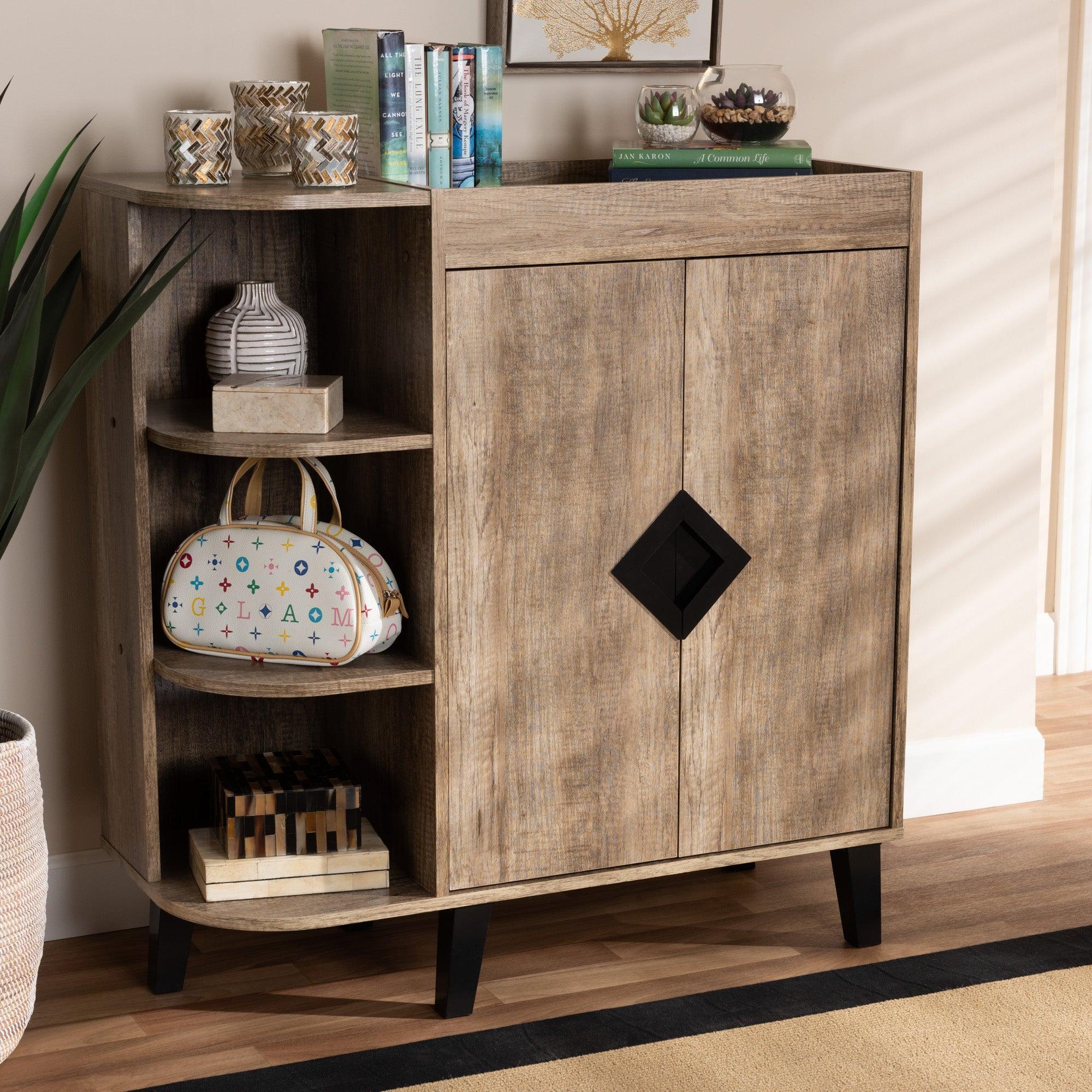 Wales Modern and Contemporary Rustic Finished Wood 2-Door Shoe Storage Cabinet with Open Shelves