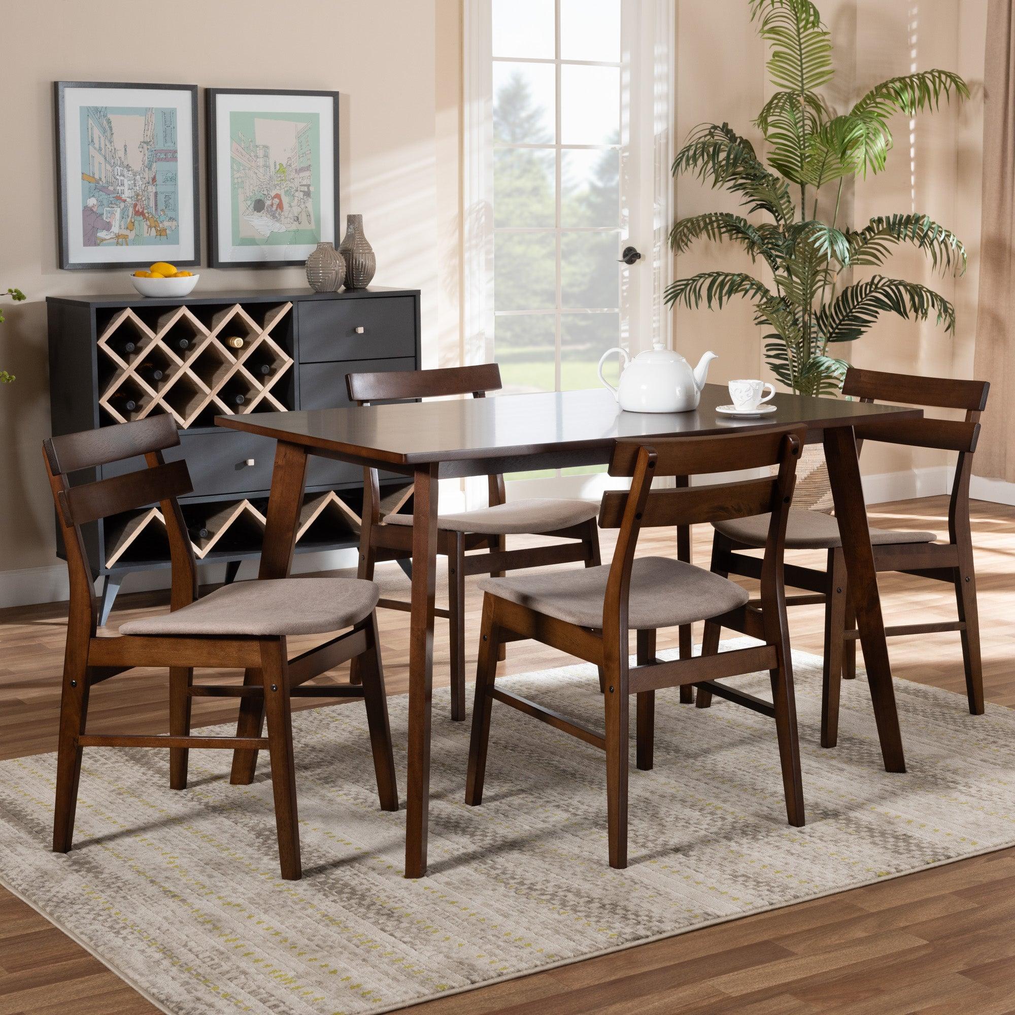 Eleri Mid-Century Modern Transitional Light Fabric Upholstered and Finished Wood 5-Piece Dining Set