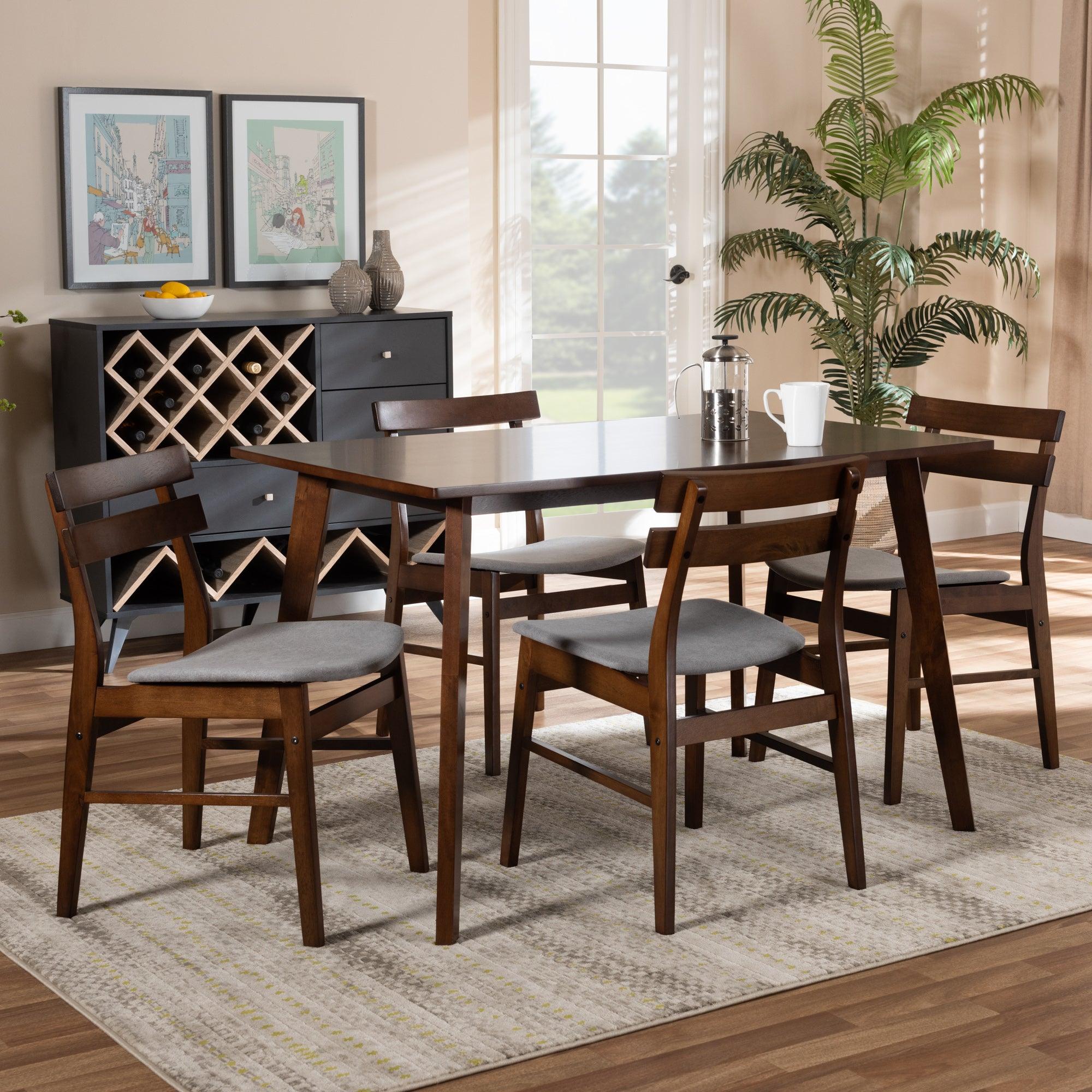 Eleri Mid-Century Modern Transitional Light Fabric Upholstered and Finished Wood 5-Piece Dining Set