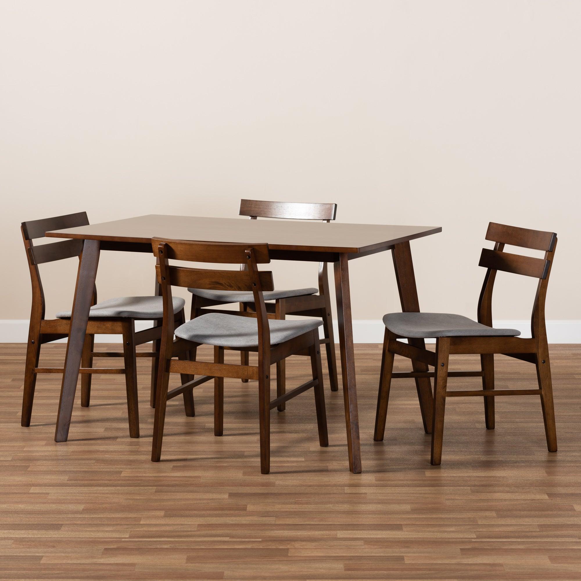 Eleri Mid-Century Modern Transitional Light Fabric Upholstered and Finished Wood 5-Piece Dining Set