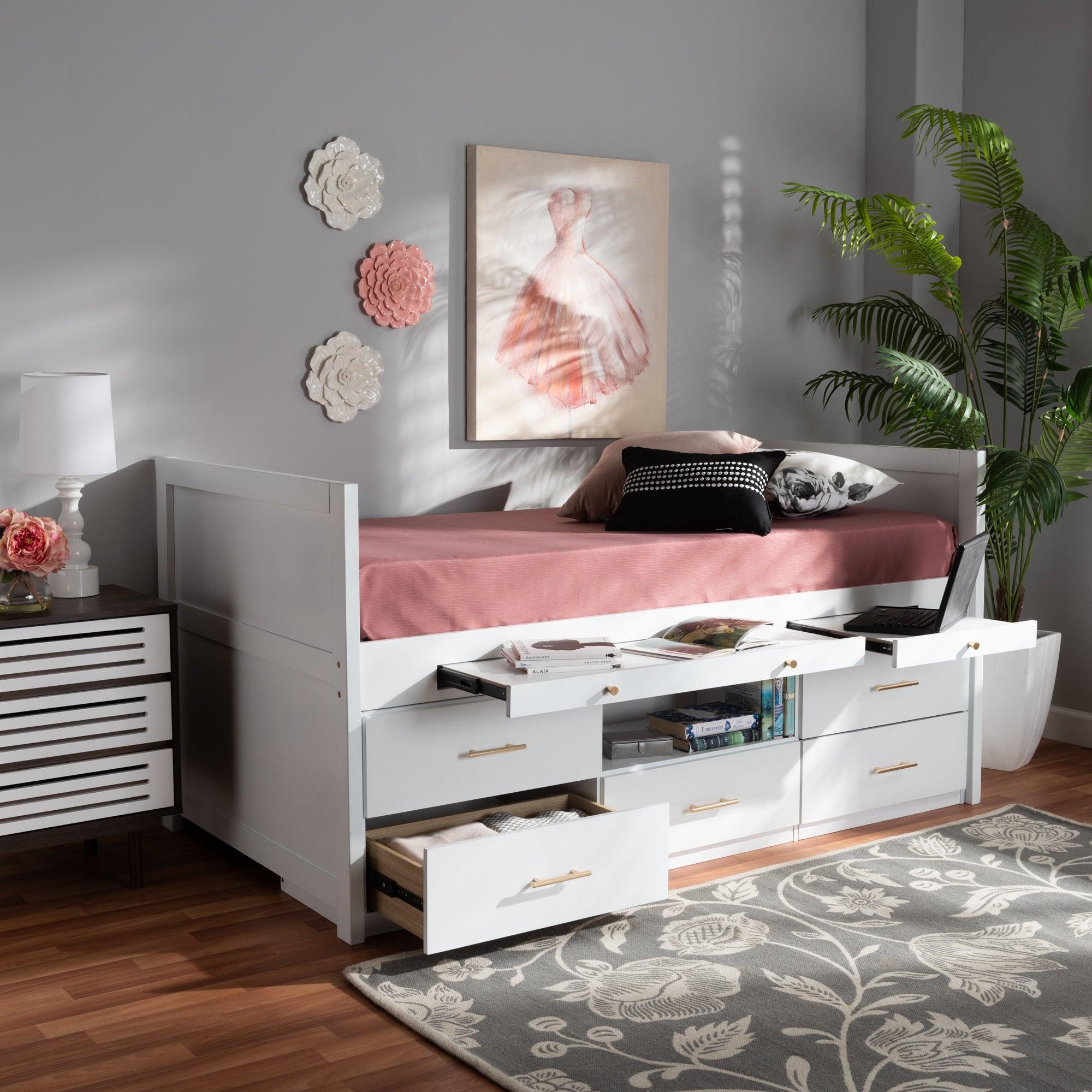 Mirza Modern and Contemporary Finished Wood 5-Drawer Storage Bed with Pull-Out Desk