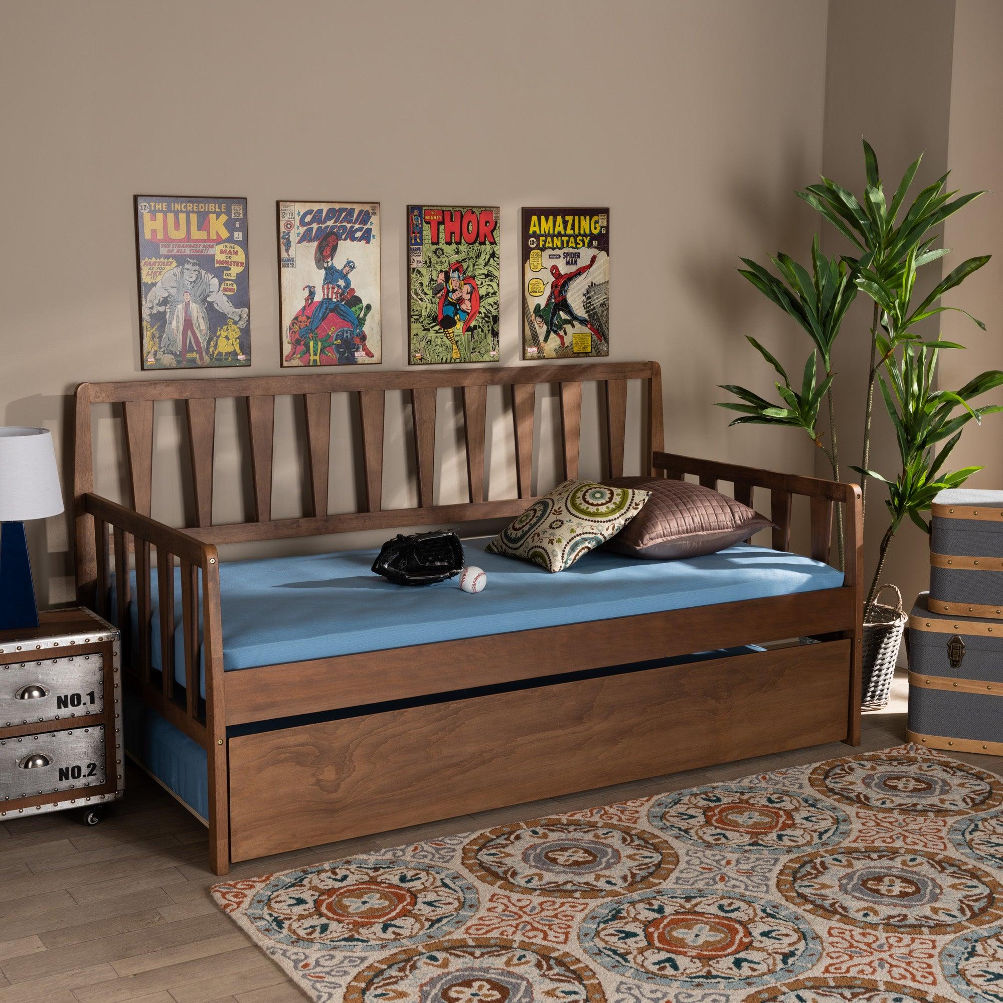 Midori Modern and Contemporary Transitional Finished Wood Daybed with Roll-Out Trundle Bed