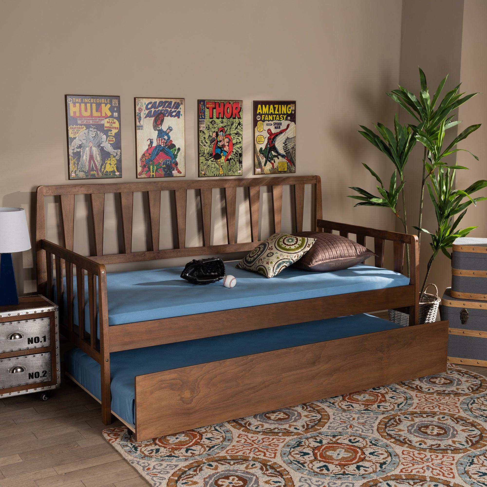 Midori Modern and Contemporary Transitional Finished Wood Daybed with Roll-Out Trundle Bed