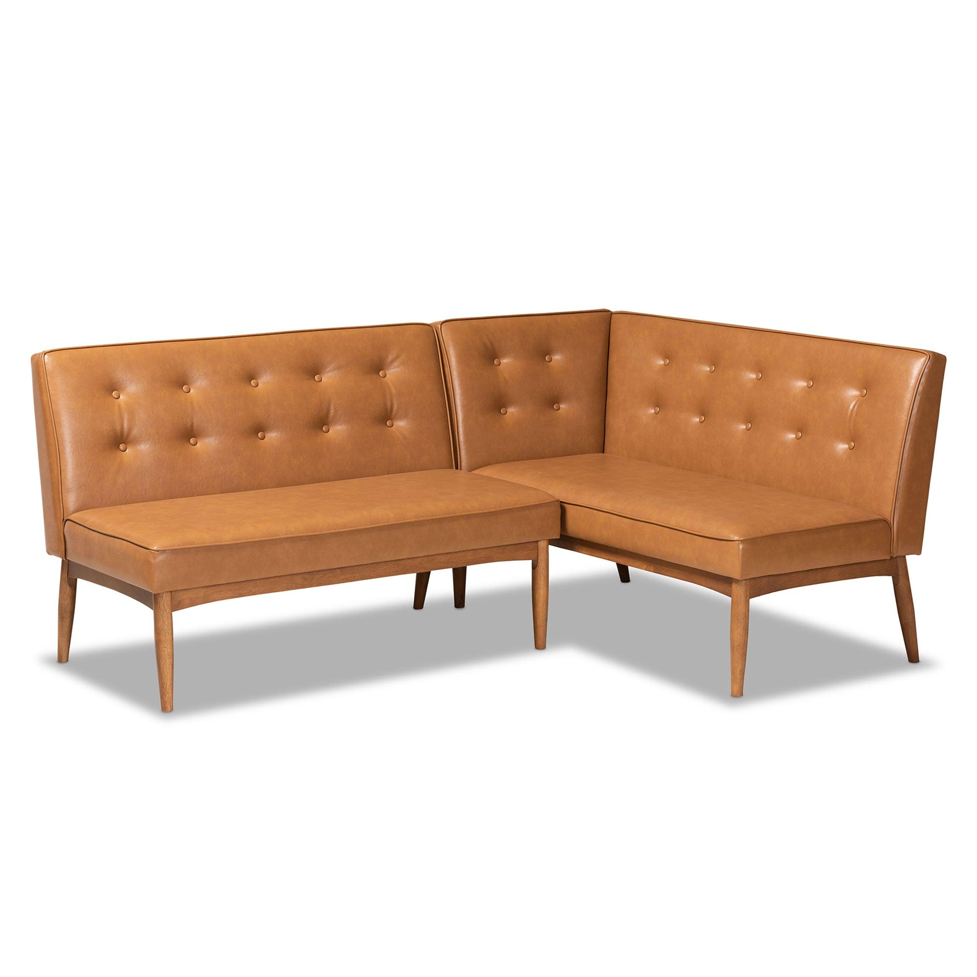 Arvid Mid-Century Modern Faux Leather Upholstered and Finished 2-Piece Wood Dining Nook Banquette Set