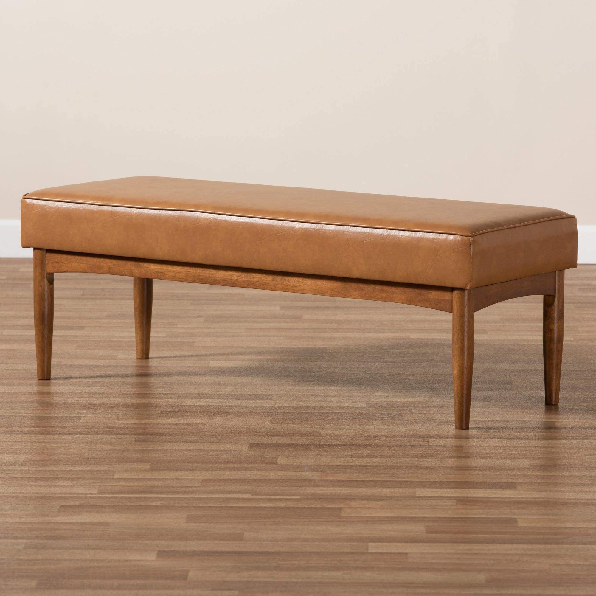 Arvid Mid-Century Modern Faux Leather Upholstered and Finished Wood Dining Bench