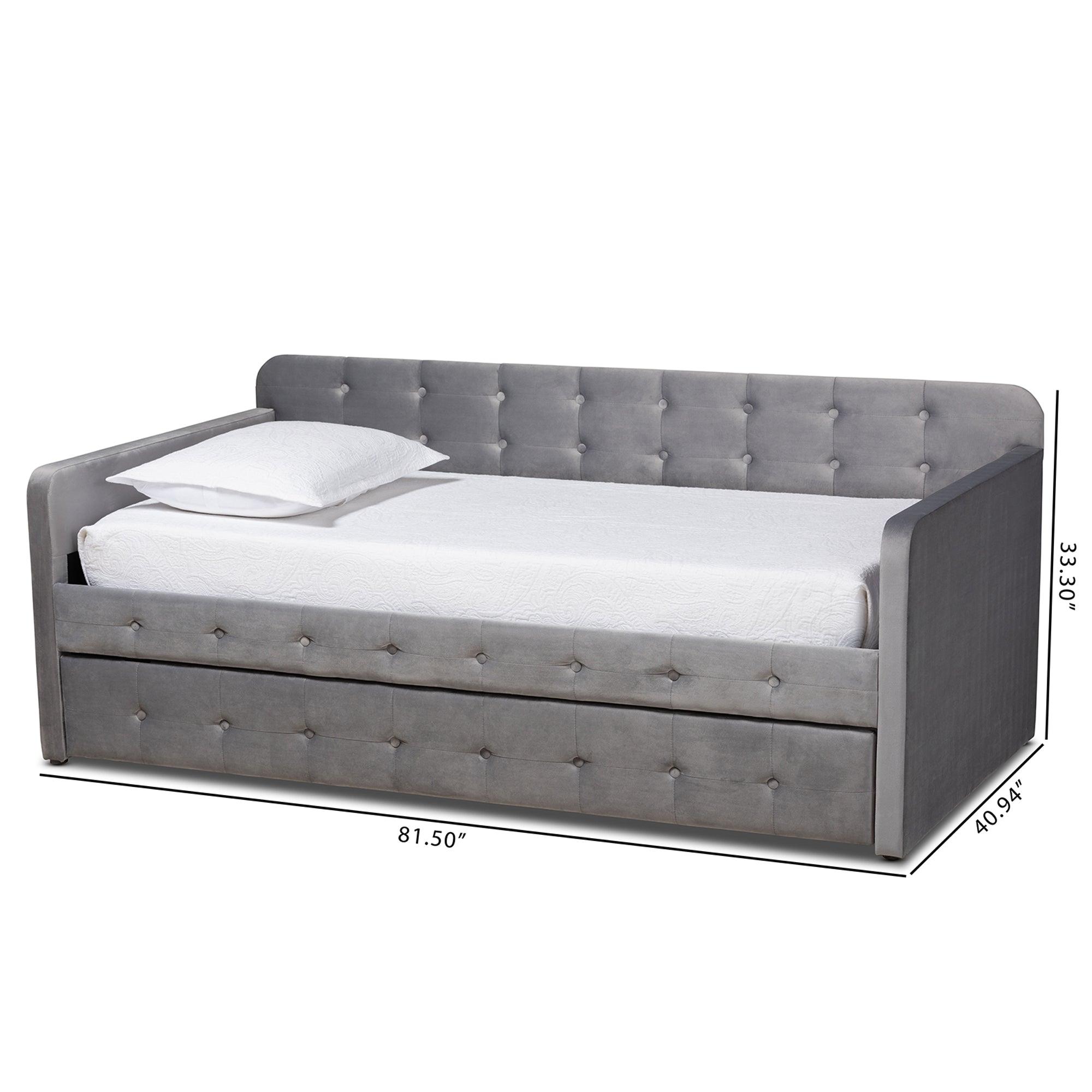 Jona Modern and Contemporary Transitional Velvet Fabric Upholstered and Button Tufted Daybed with Trundle