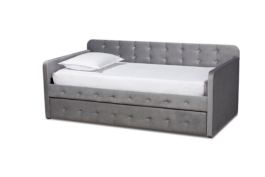 Jona Modern and Contemporary Transitional Velvet Fabric Upholstered and Button Tufted Daybed with Trundle