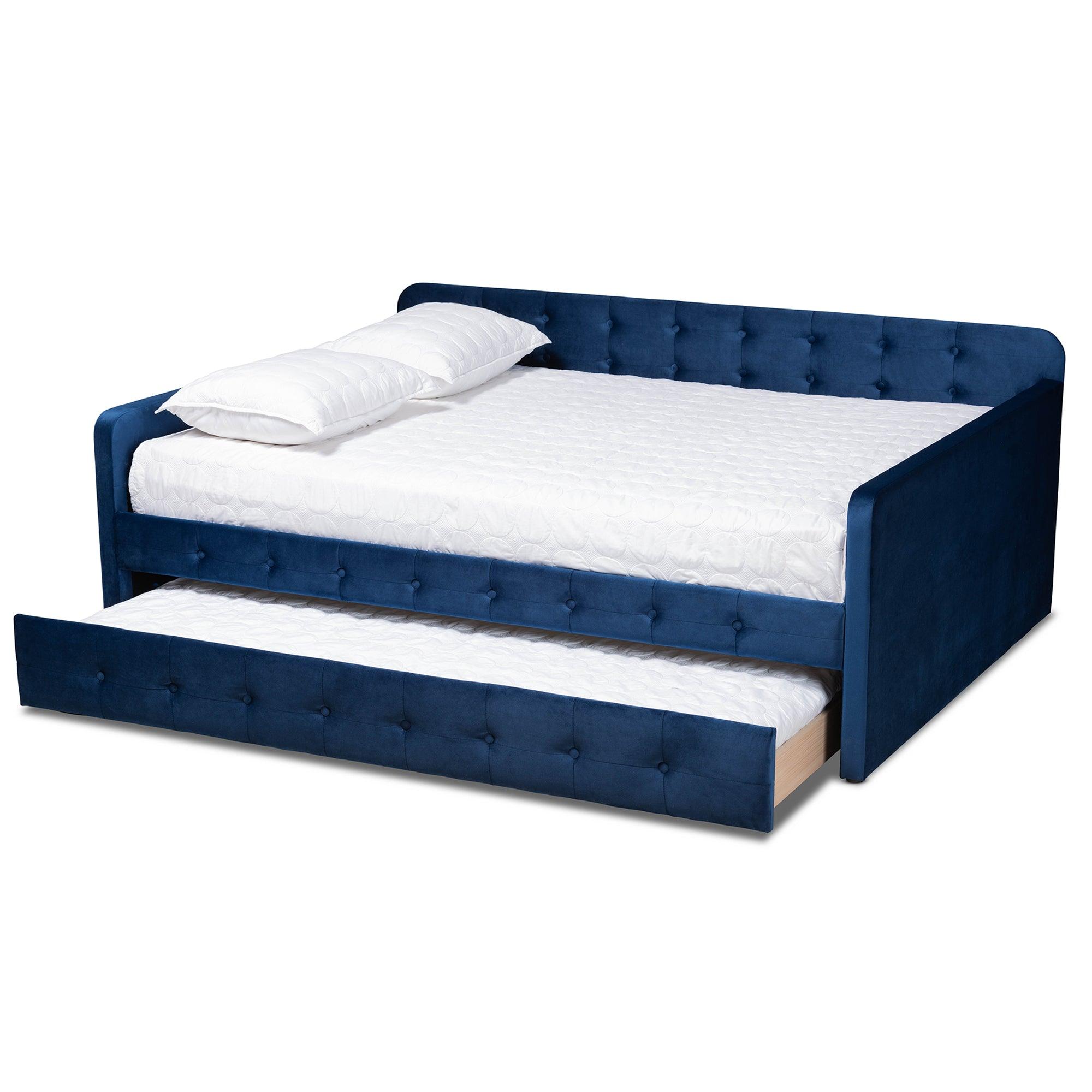 Jona Modern and Contemporary Transitional Velvet Fabric Upholstered and Button Tufted Daybed with Trundle