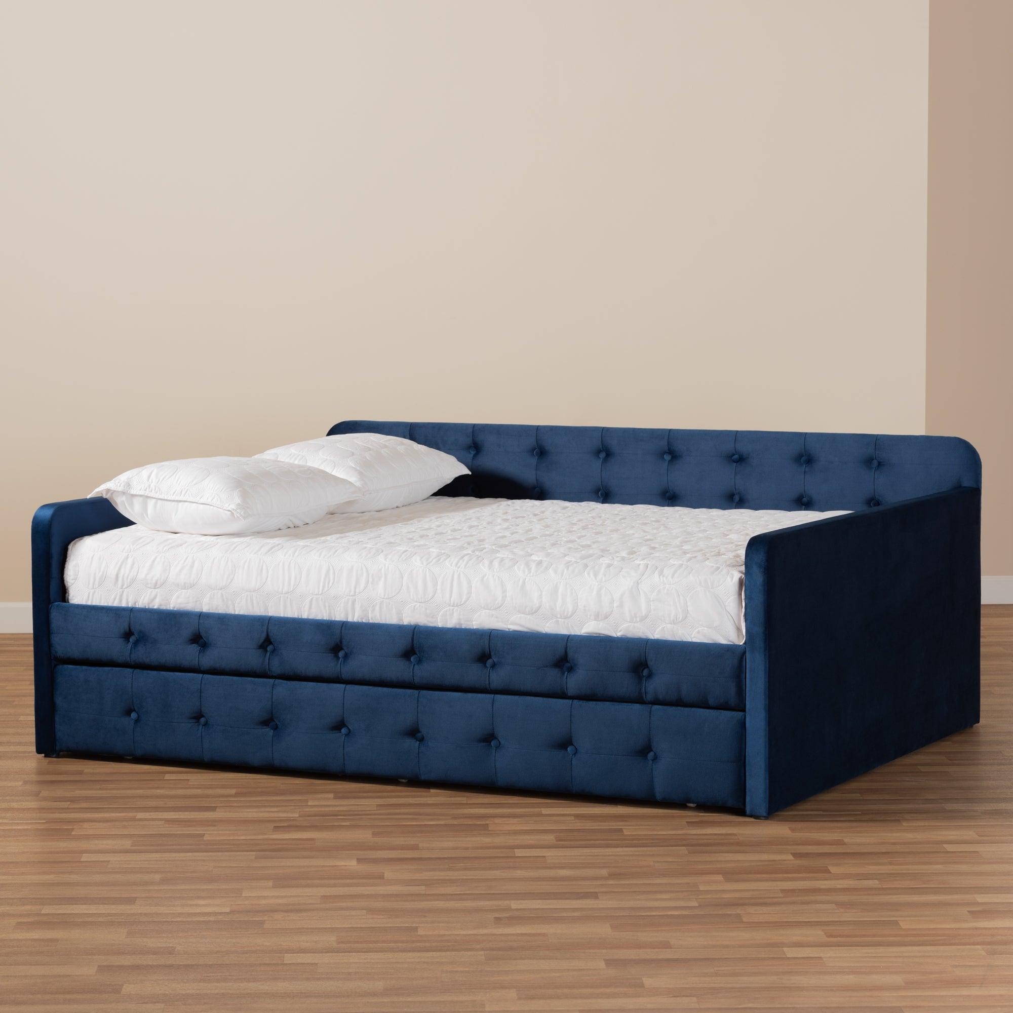 Jona Modern and Contemporary Transitional Velvet Fabric Upholstered and Button Tufted Daybed with Trundle