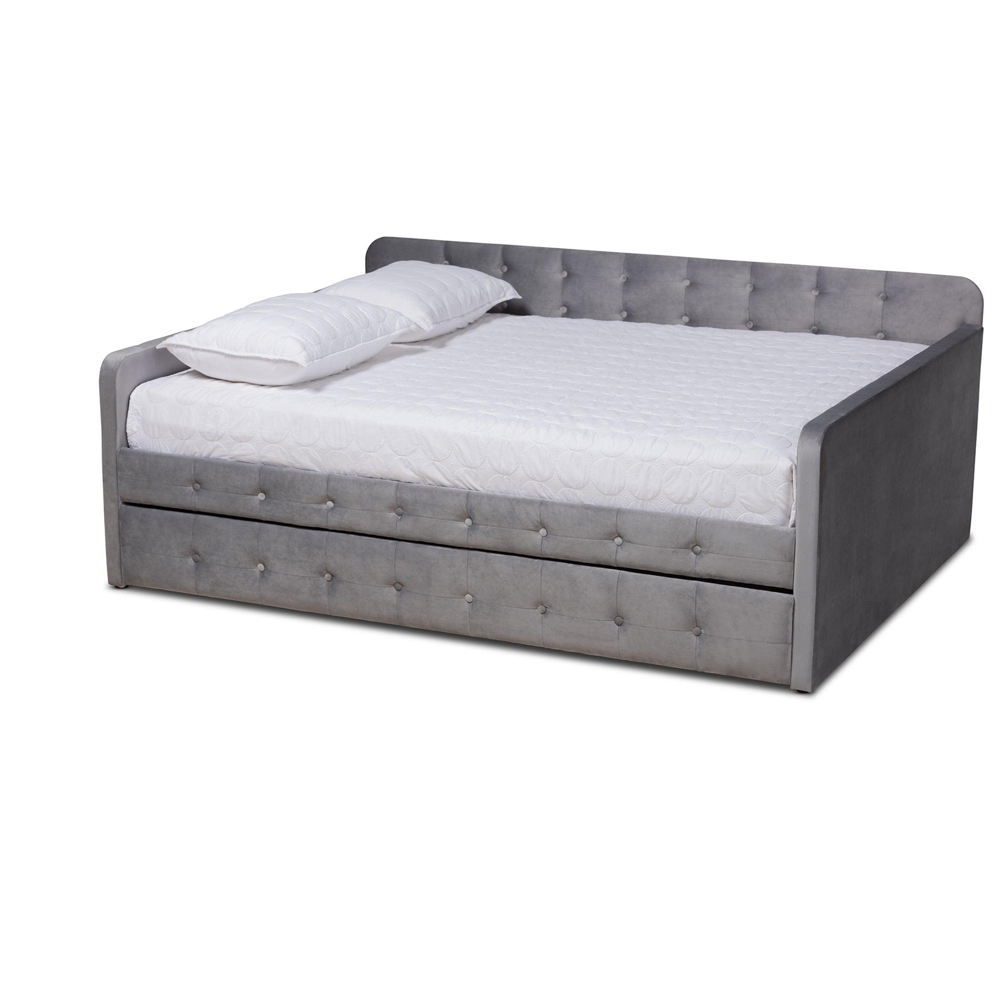 Jona Modern and Contemporary Transitional Velvet Fabric Upholstered and Button Tufted Daybed with Trundle