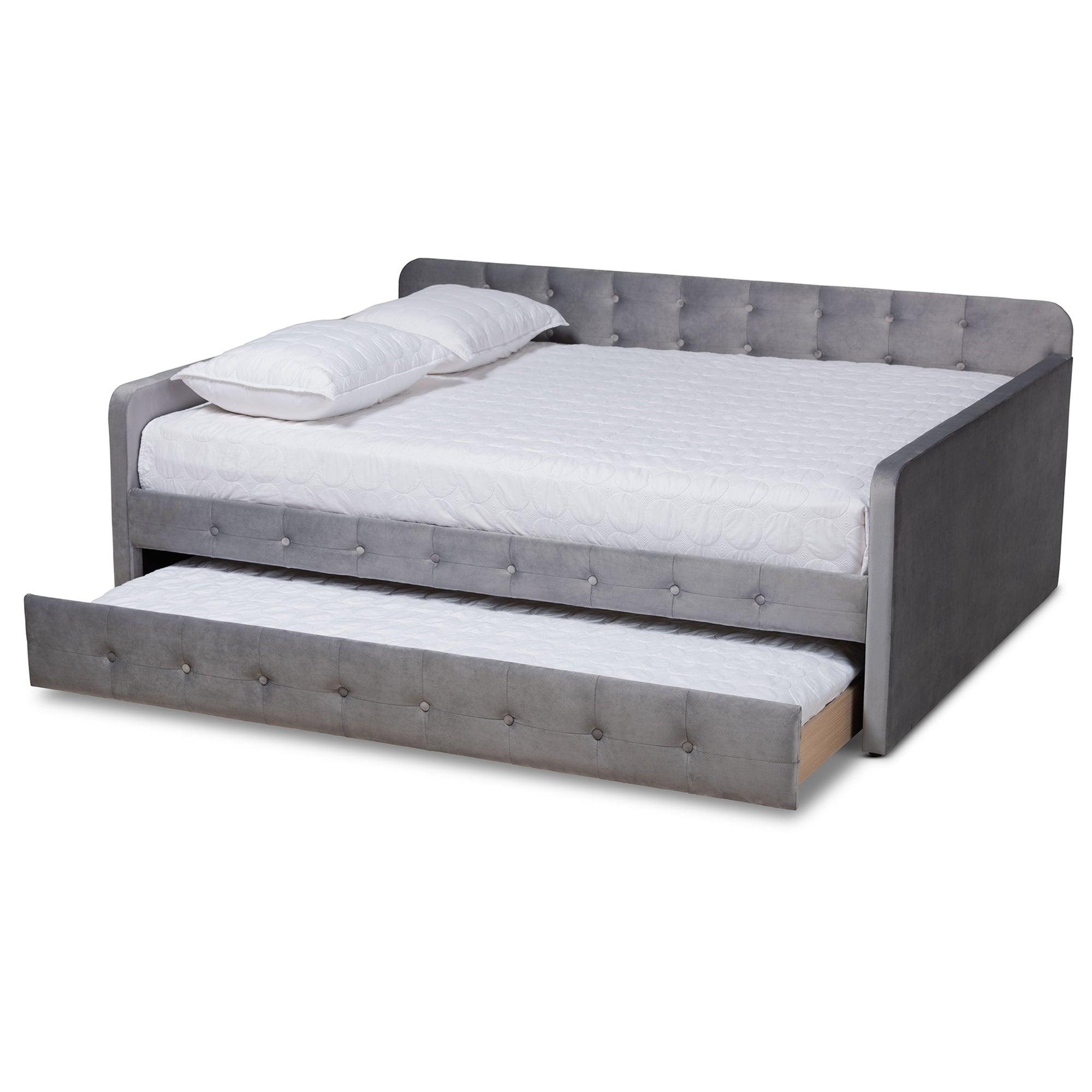 Jona Modern and Contemporary Transitional Velvet Fabric Upholstered and Button Tufted Daybed with Trundle