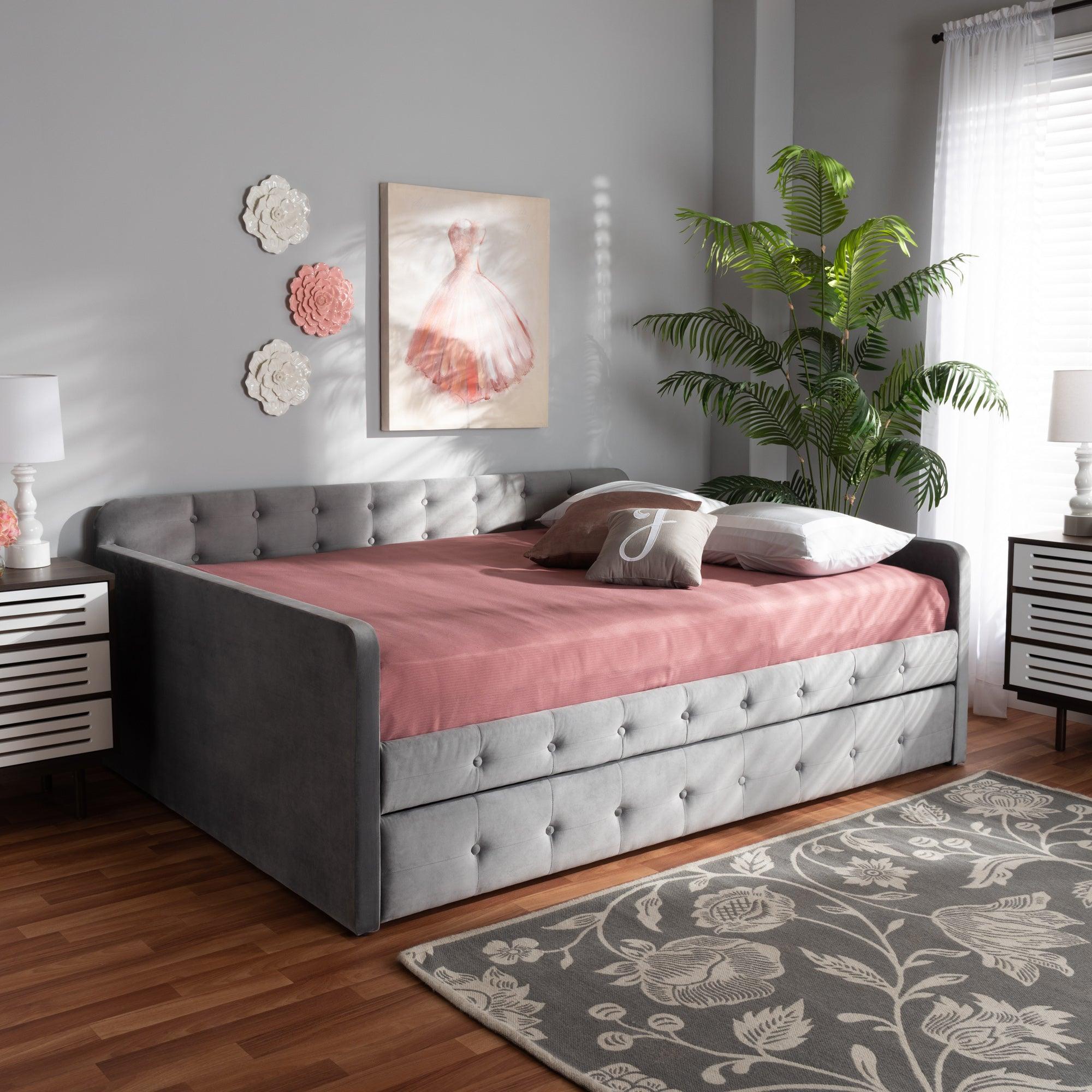 Jona Modern and Contemporary Transitional Velvet Fabric Upholstered and Button Tufted Daybed with Trundle