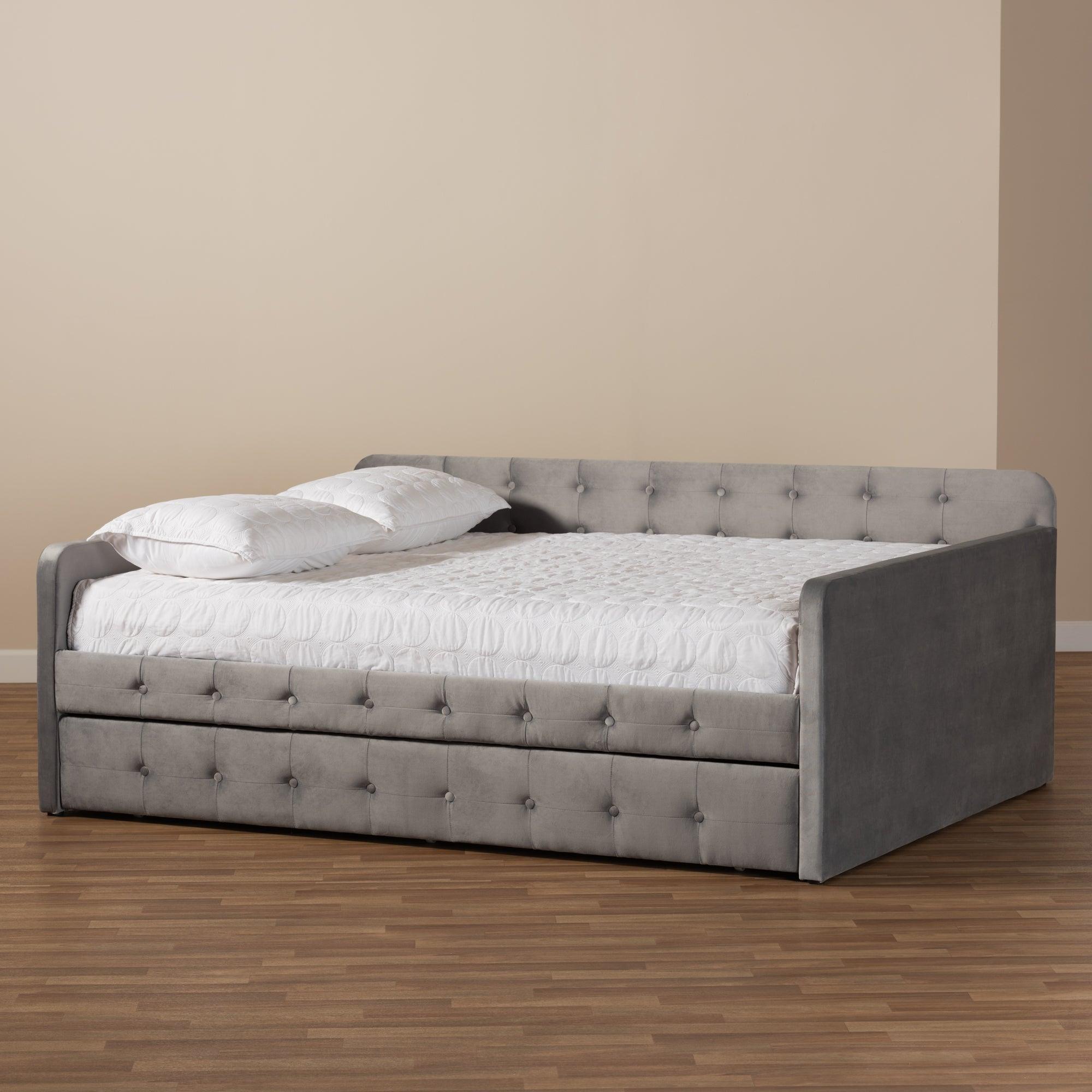 Jona Modern and Contemporary Transitional Velvet Fabric Upholstered and Button Tufted Daybed with Trundle