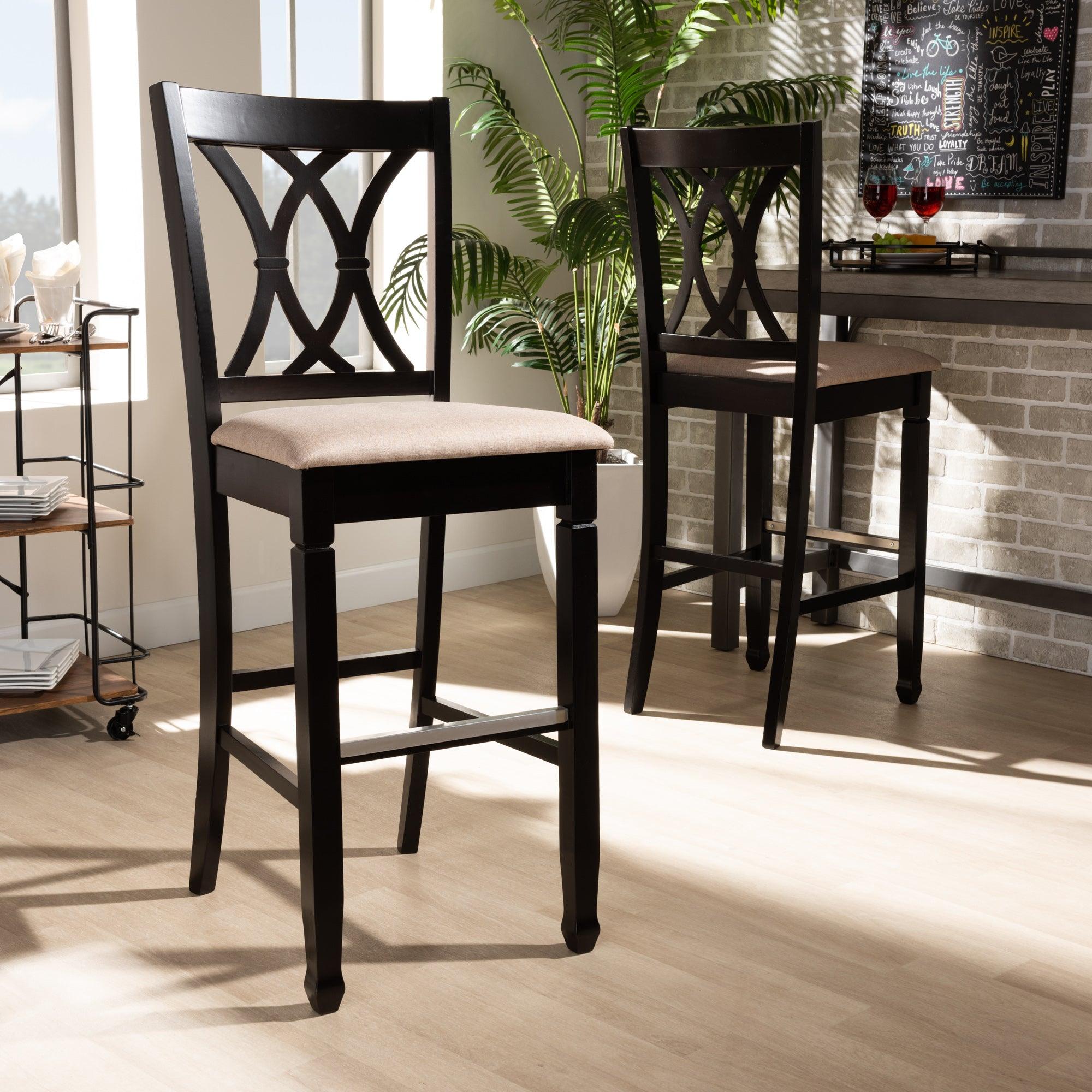 Calista Modern and Contemporary Sand Fabric Upholstered and Espresso Finished Wood 2-Piece Bar Stool Set