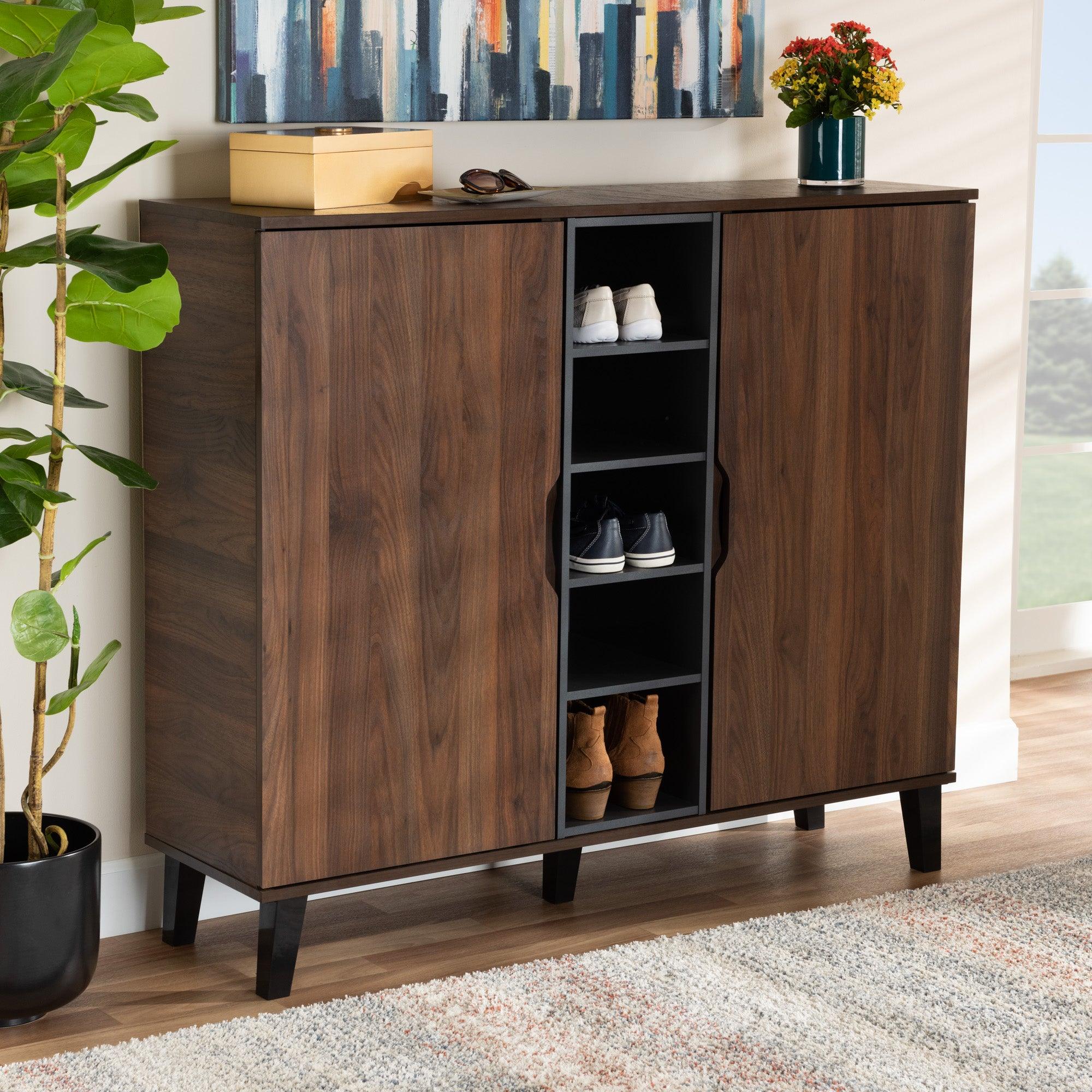 Idina Mid-Century Modern Two-Tone and Finished Wood 2-Door Shoe Cabinet