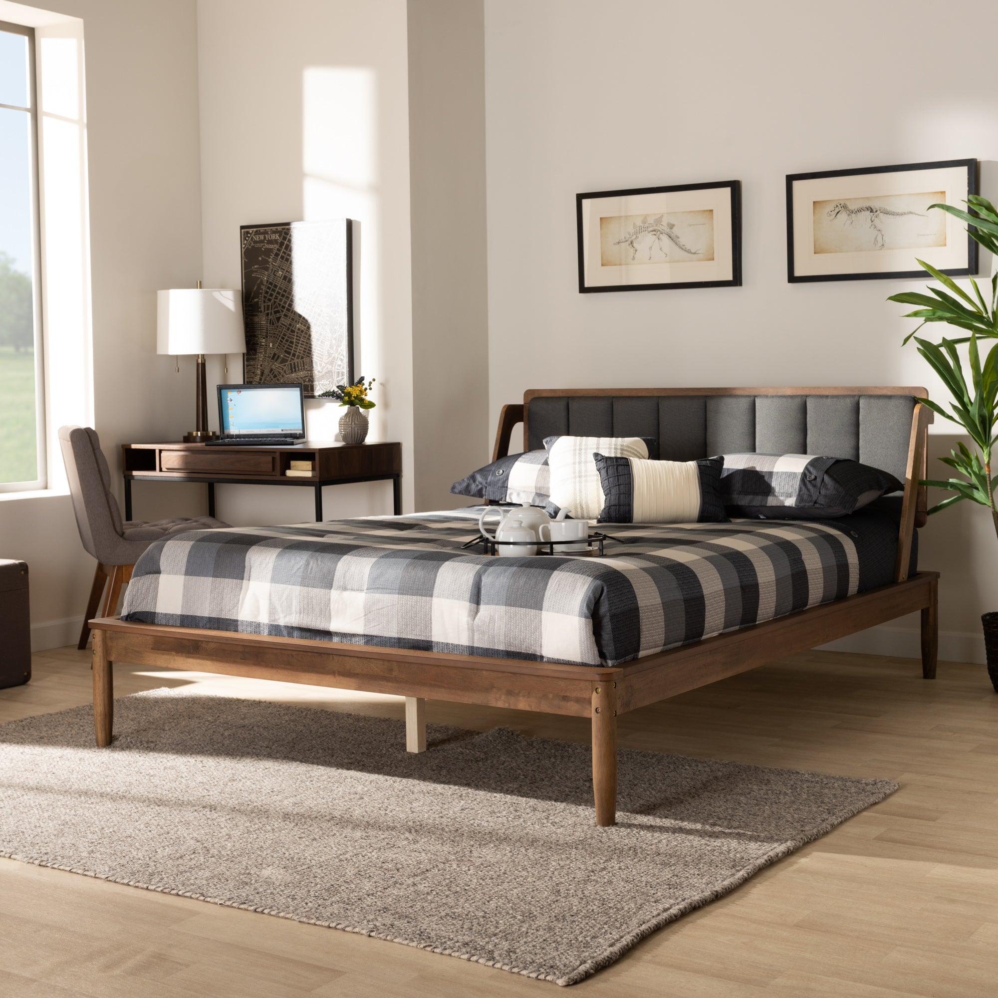 Helsa Mid-Century Modern Dark Fabric Upholstered and Finished Platform Bed