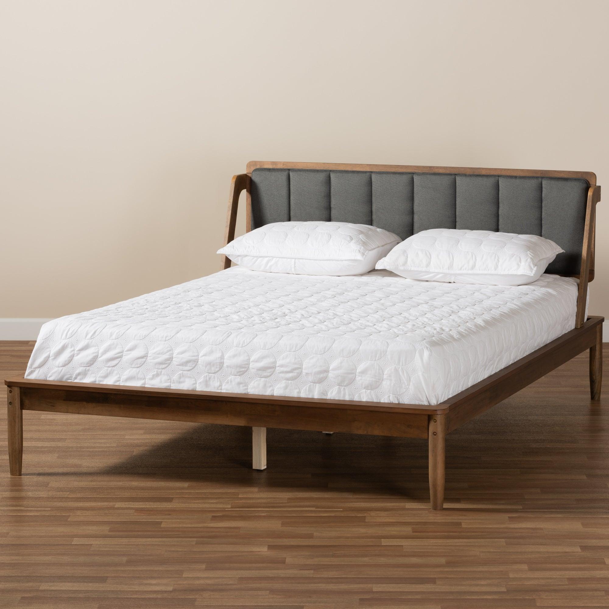 Helsa Mid-Century Modern Dark Fabric Upholstered and Finished Platform Bed