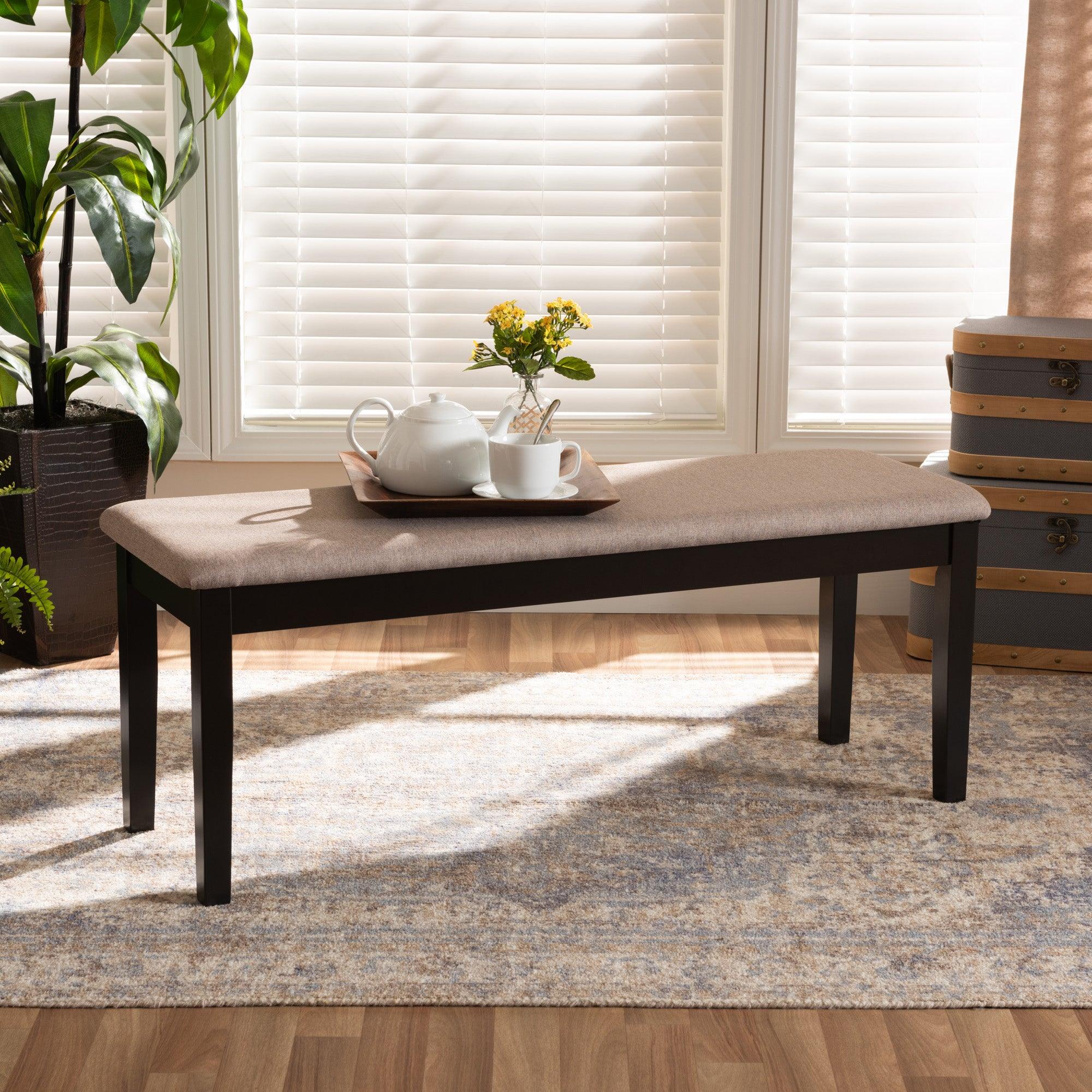 Teresa Modern and Contemporary Transitional Sand Fabric Upholstered and Finished Wood Dining Bench