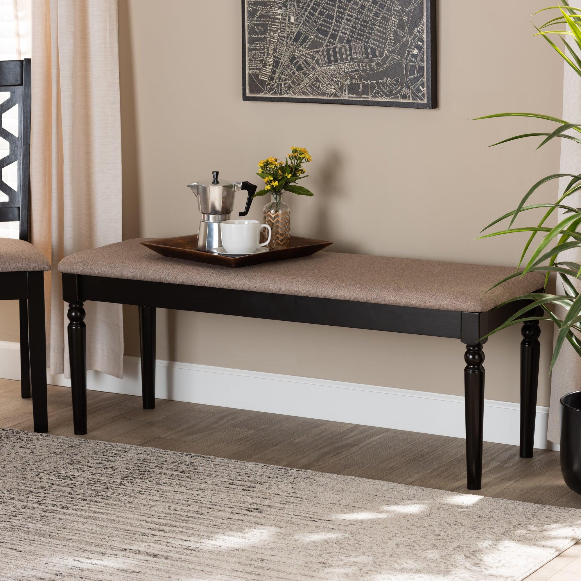 Giovanni Modern and Contemporary Sand Fabric Upholstered and Finished Wood Dining Bench