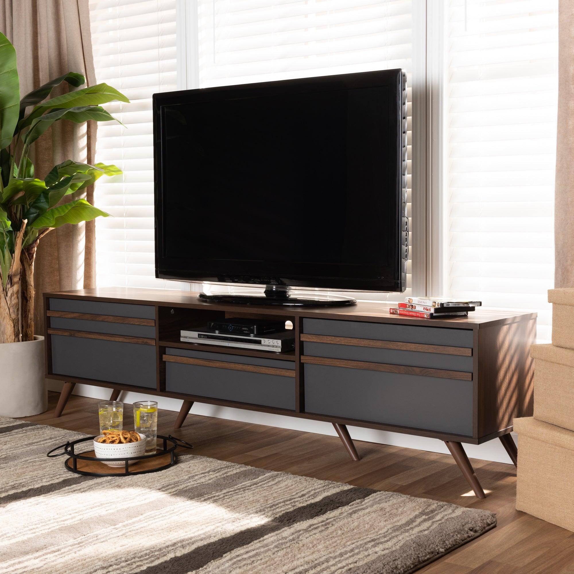 Naoki Modern and Contemporary Two-Tone and Finished Wood TV Stand with Drop-Down Compartments