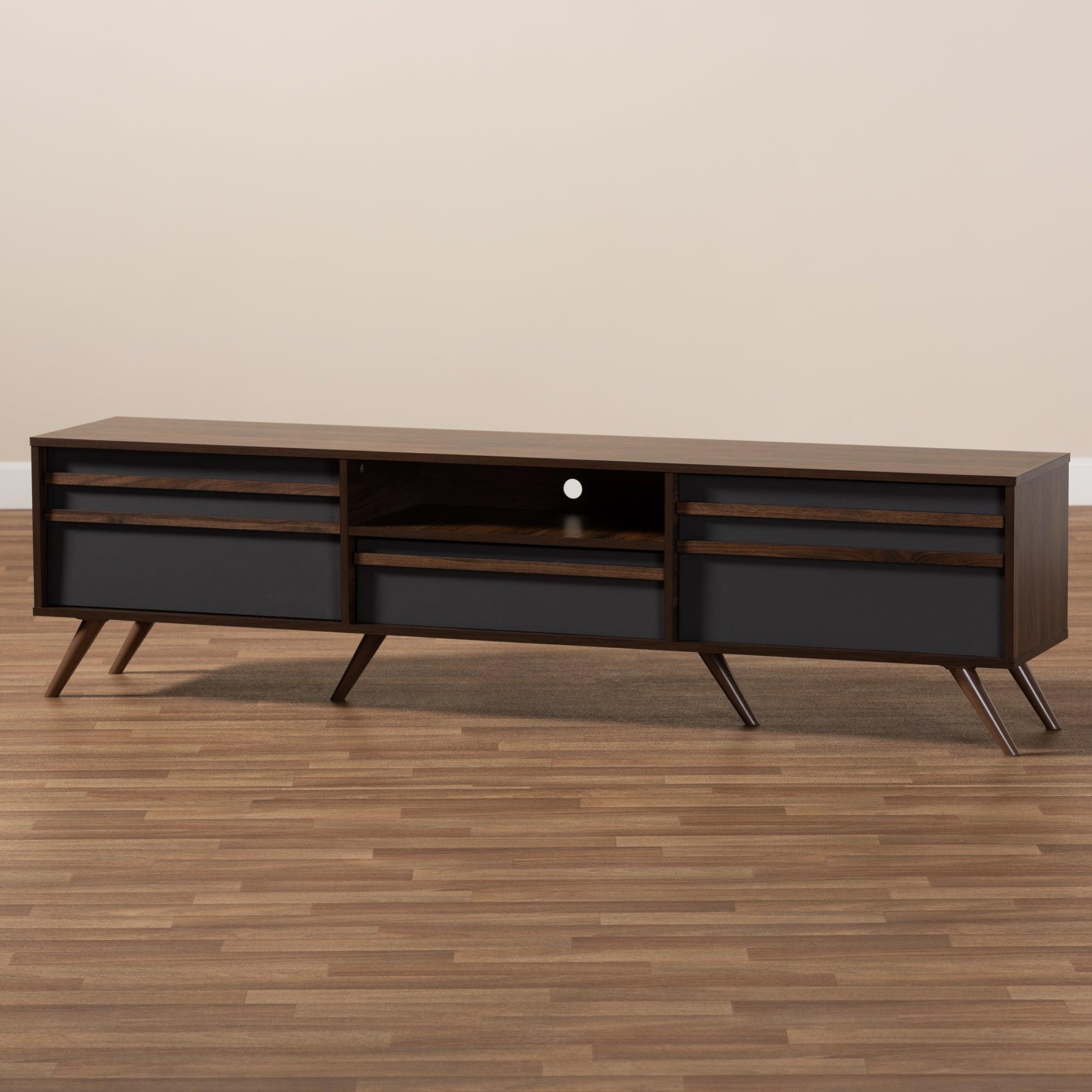 Naoki Modern and Contemporary Two-Tone and Finished Wood TV Stand with Drop-Down Compartments