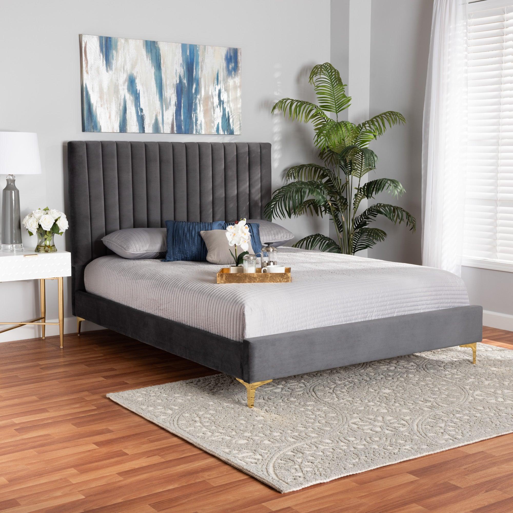 Serrano Contemporary Glam and Luxe Velvet Fabric Upholstered and Metal Platform Bed