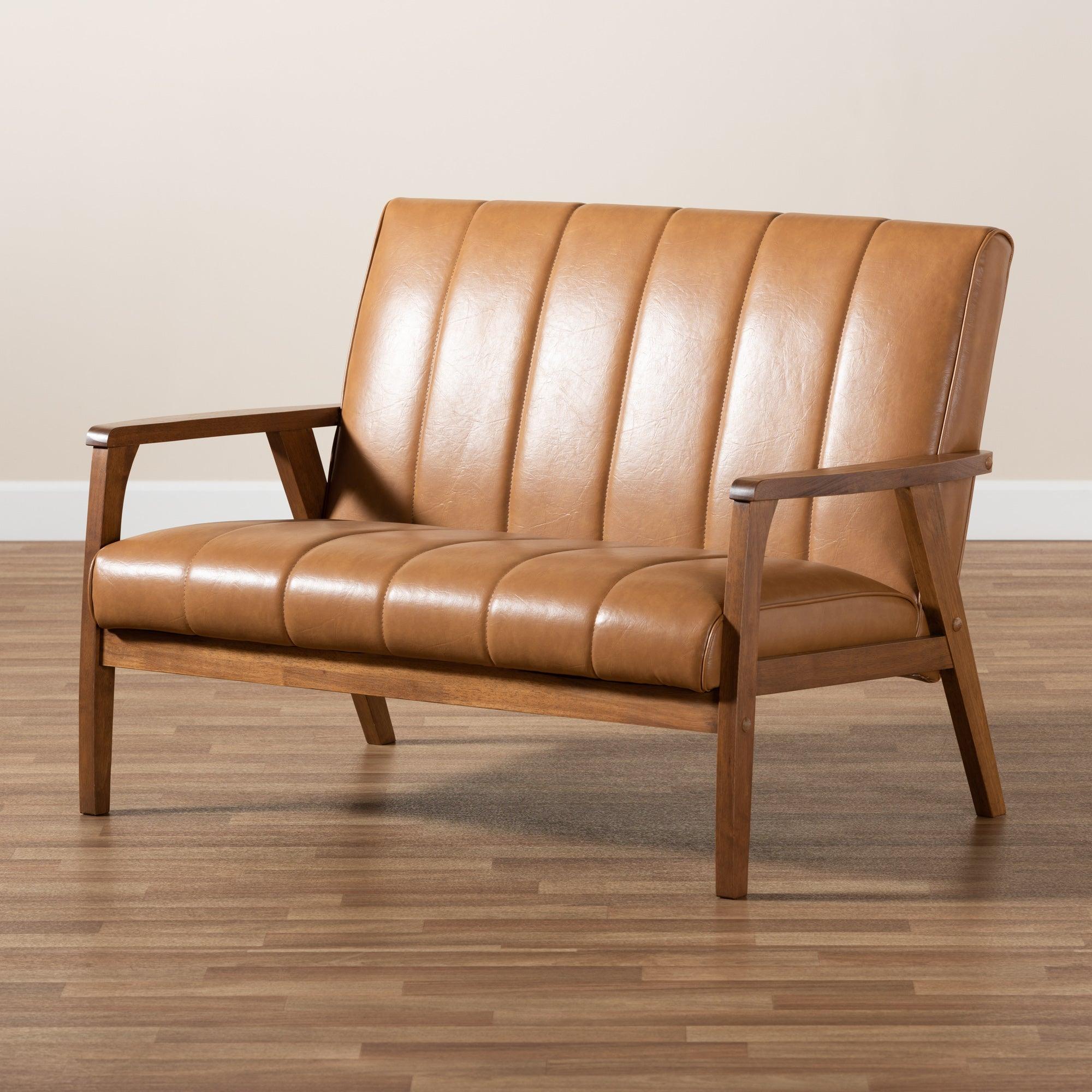 Nikko Mid-century Modern Faux Leather Upholstered and finished Wood Loveseat