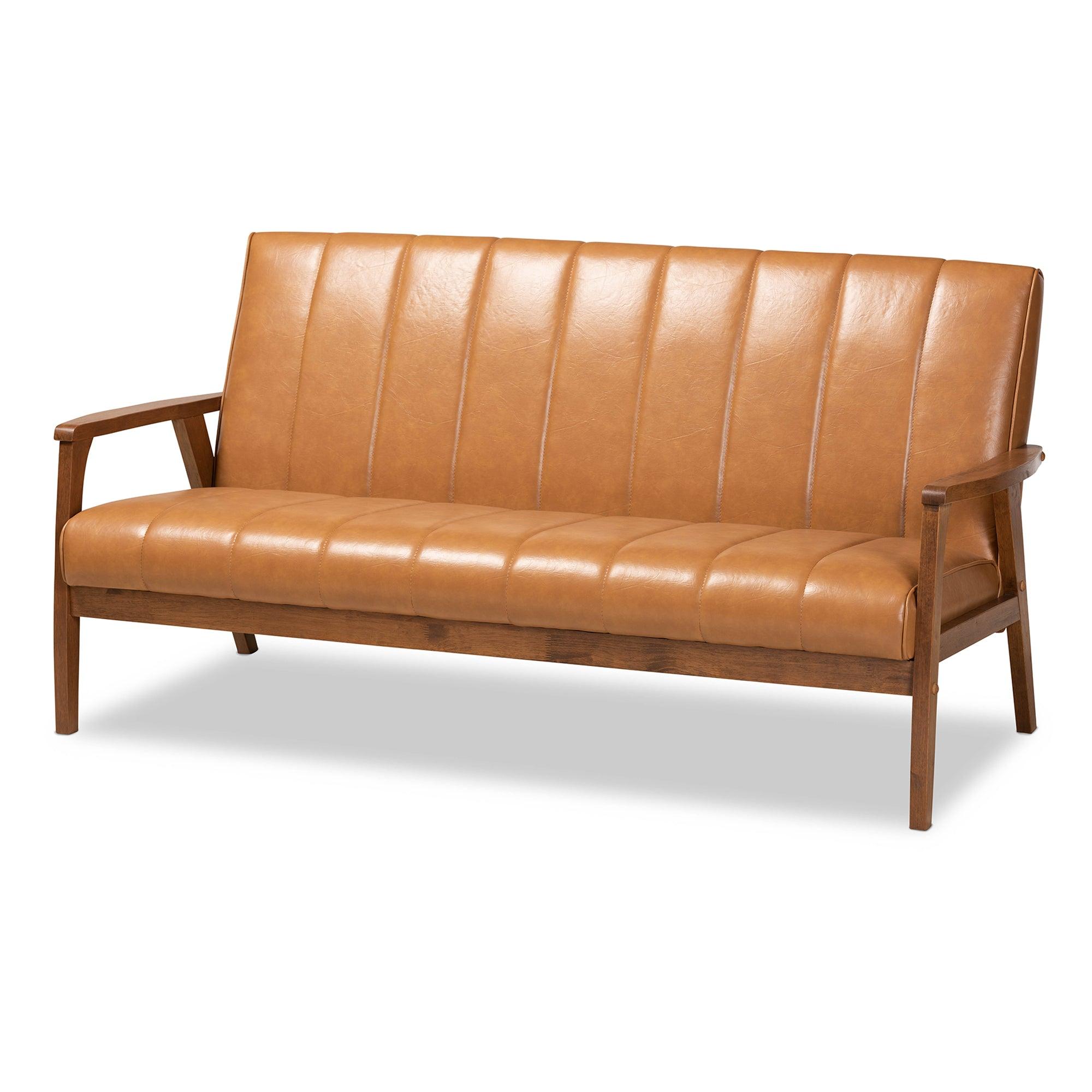 Nikko Mid-century Modern Faux Leather Upholstered and finished Wood Sofa