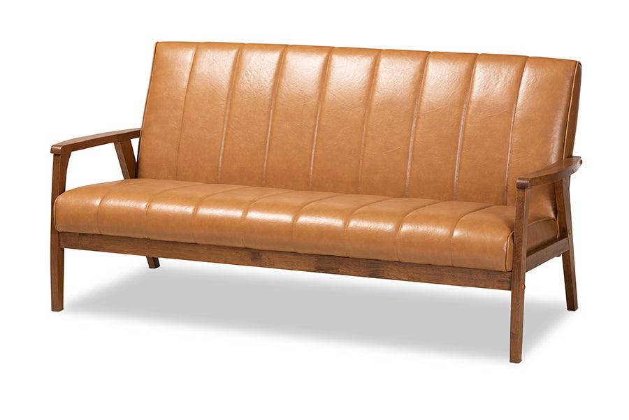 Nikko Mid-century Modern Faux Leather Upholstered and finished Wood Sofa