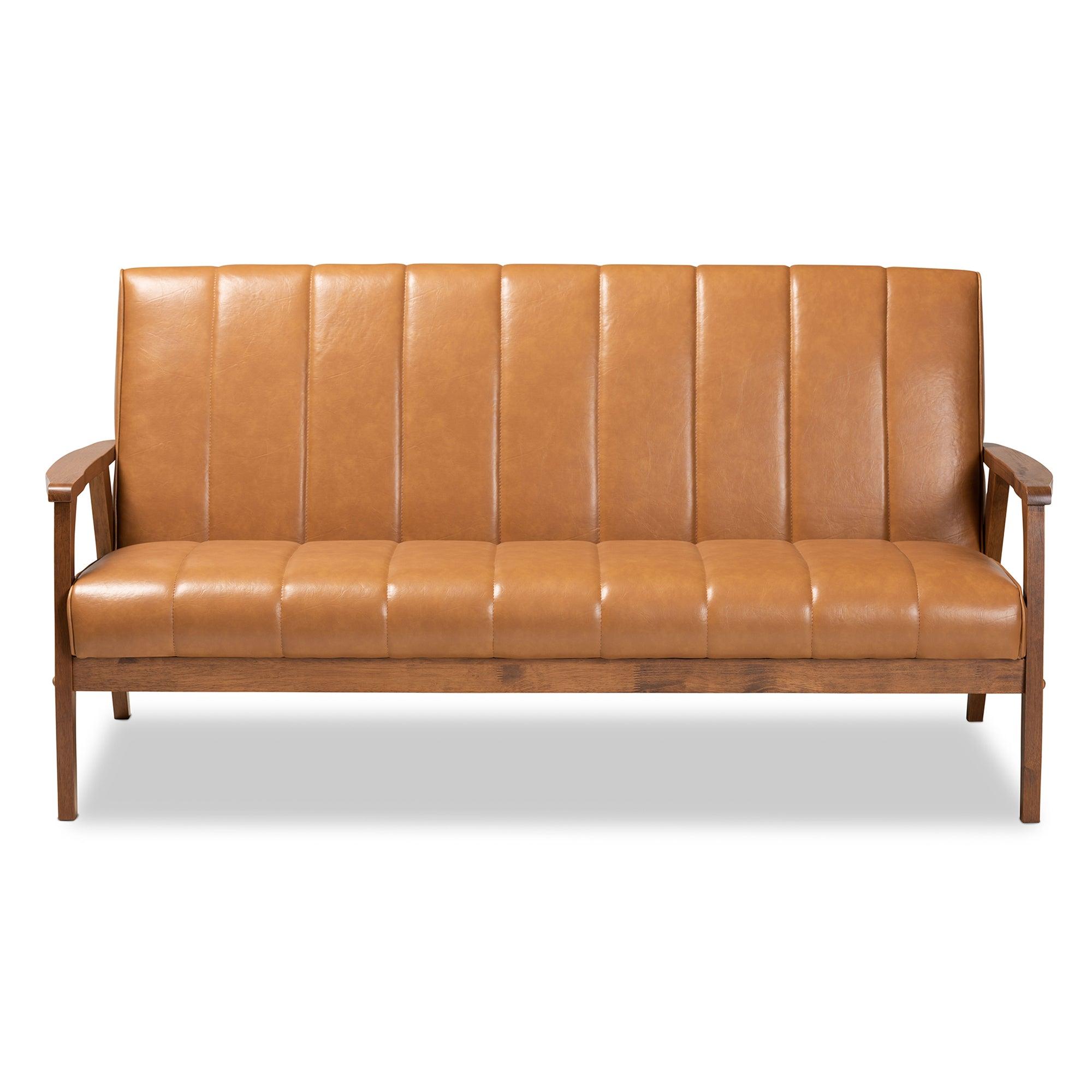 Nikko Mid-century Modern Faux Leather Upholstered and finished Wood Sofa