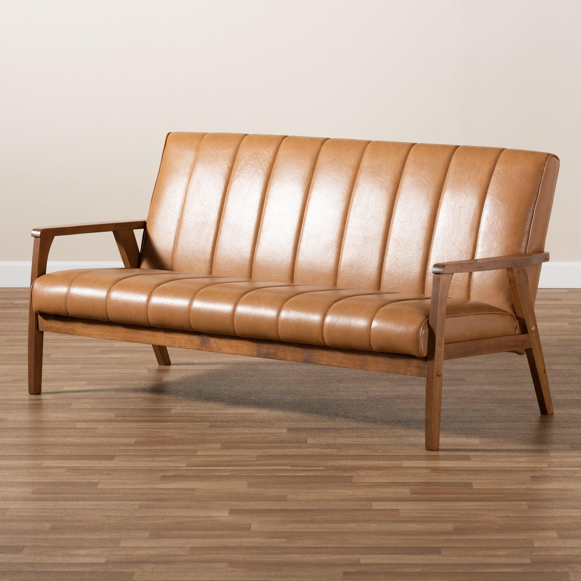 Nikko Mid-century Modern Faux Leather Upholstered and finished Wood Sofa