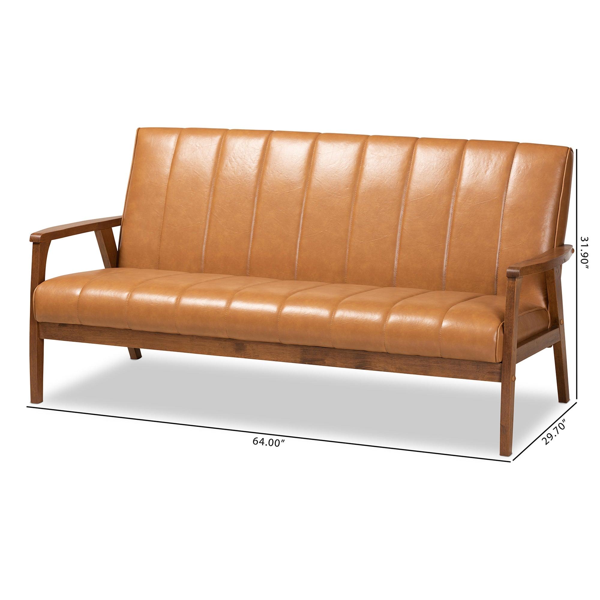 Nikko Mid-century Modern Faux Leather Upholstered and finished Wood Sofa