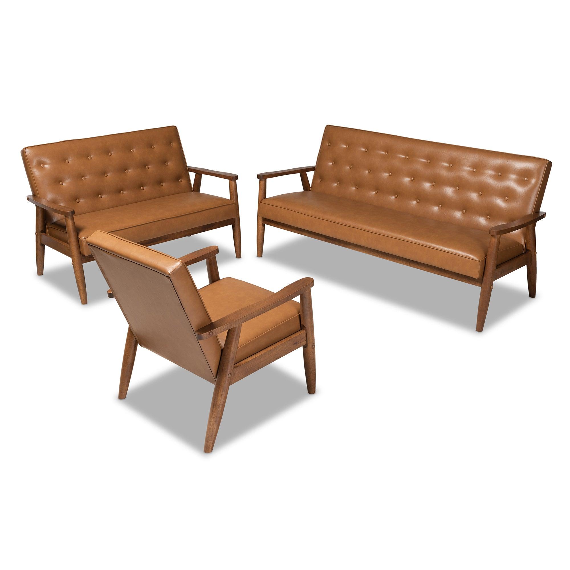 Sorrento Mid-Century Modern Faux Leather Upholstered and Finished Wood 3-Piece Living Room Set