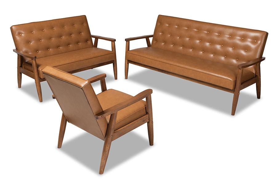 Sorrento Mid-Century Modern Faux Leather Upholstered and Finished Wood 3-Piece Living Room Set