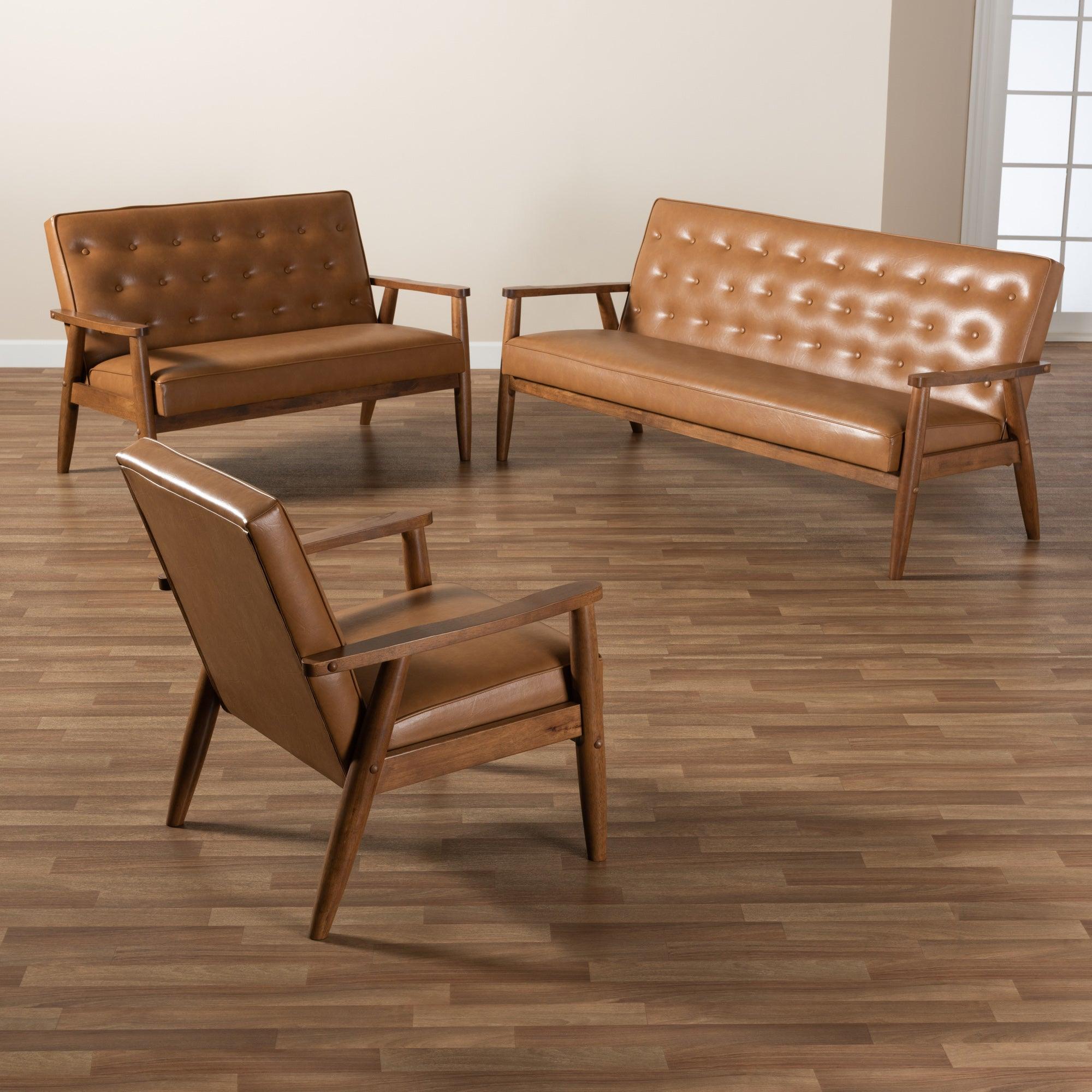 Sorrento Mid-Century Modern Faux Leather Upholstered and Finished Wood 3-Piece Living Room Set