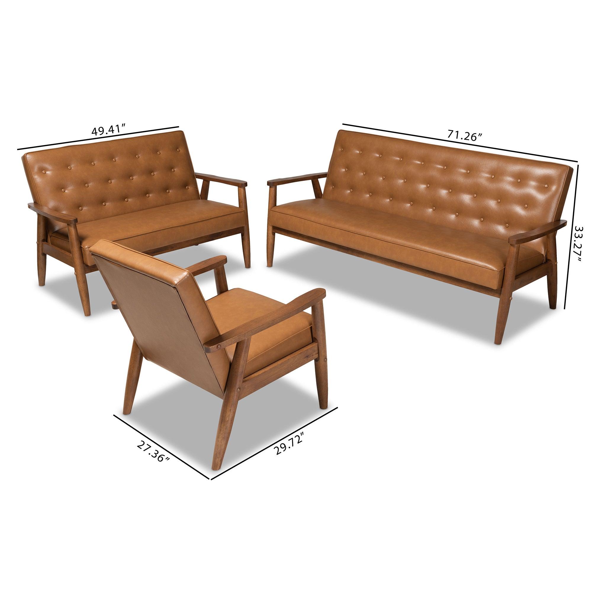 Sorrento Mid-Century Modern Faux Leather Upholstered and Finished Wood 3-Piece Living Room Set