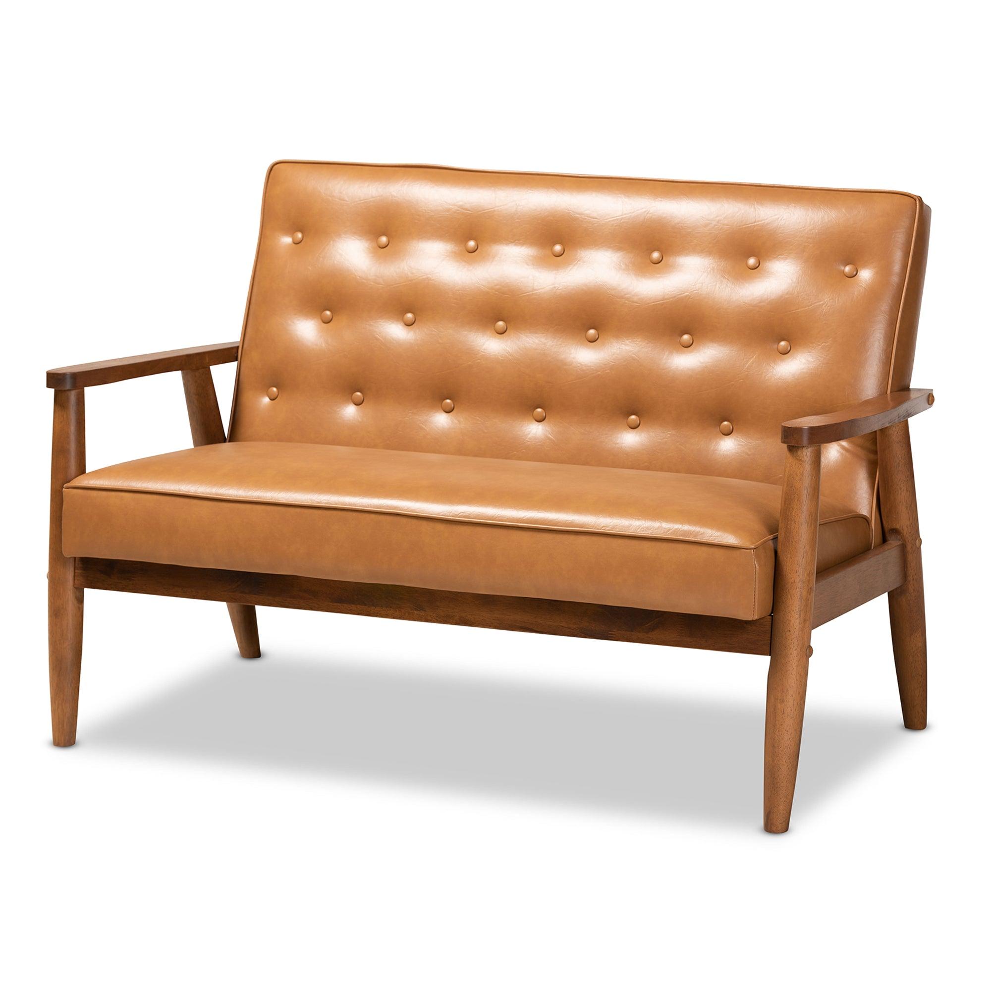 Sorrento Mid-Century Modern Faux Leather Upholstered and Finished Wood Loveseat