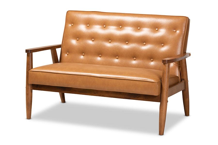 Sorrento Mid-Century Modern Faux Leather Upholstered and Finished Wood Loveseat