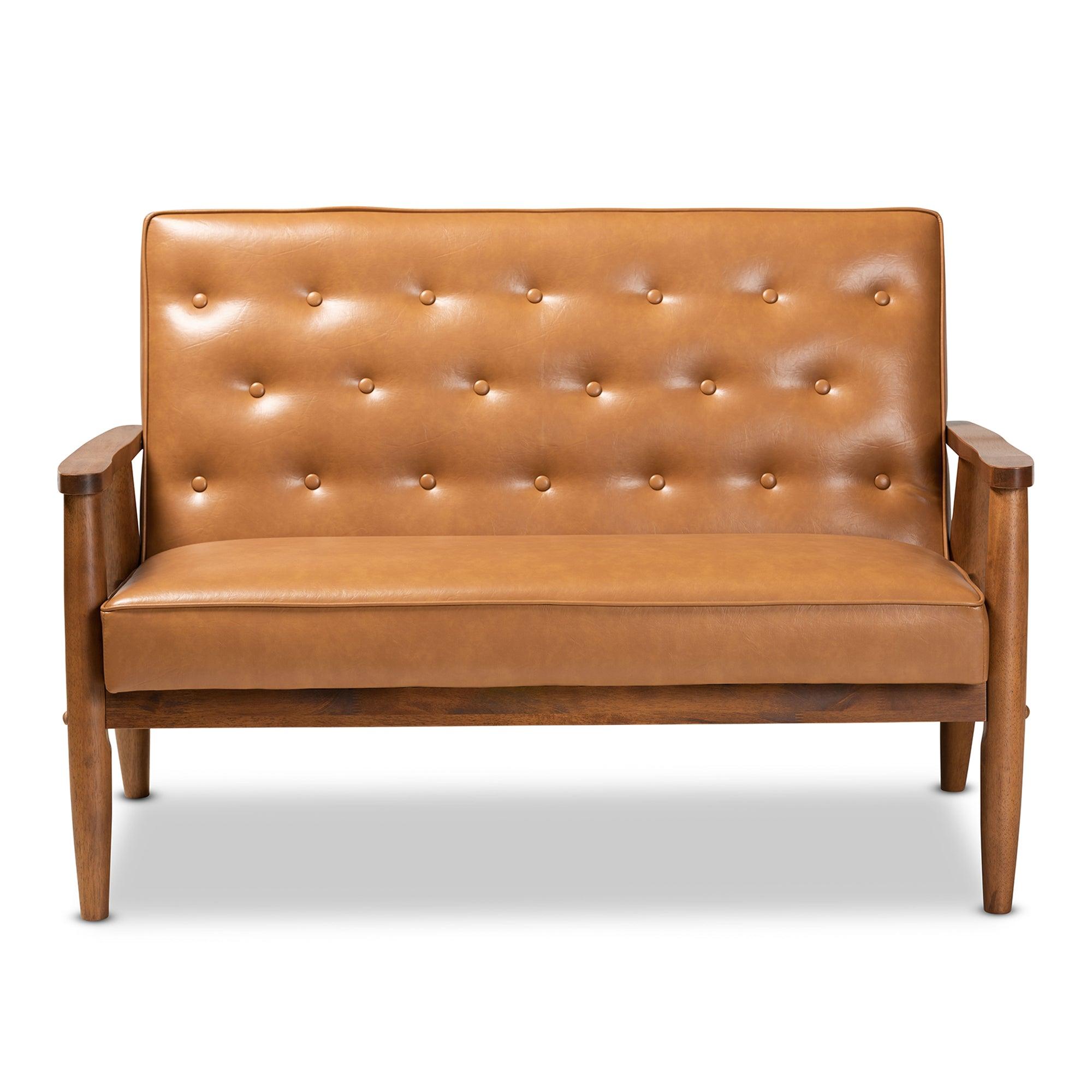 Sorrento Mid-Century Modern Faux Leather Upholstered and Finished Wood Loveseat