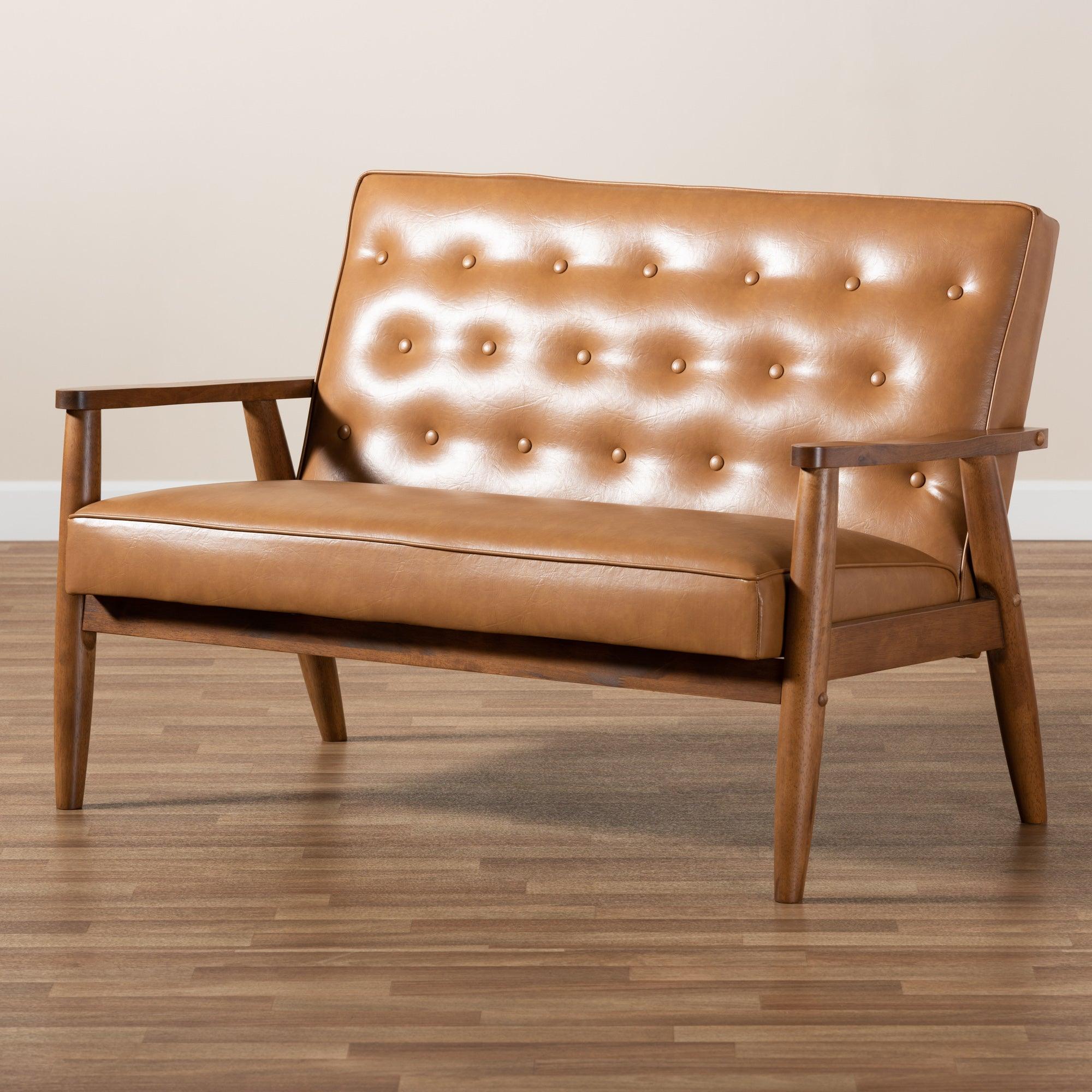 Sorrento Mid-Century Modern Faux Leather Upholstered and Finished Wood Loveseat