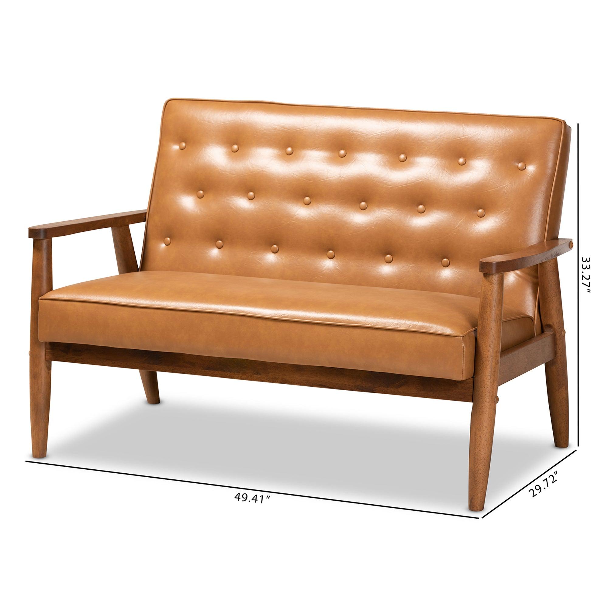 Sorrento Mid-Century Modern Faux Leather Upholstered and Finished Wood Loveseat