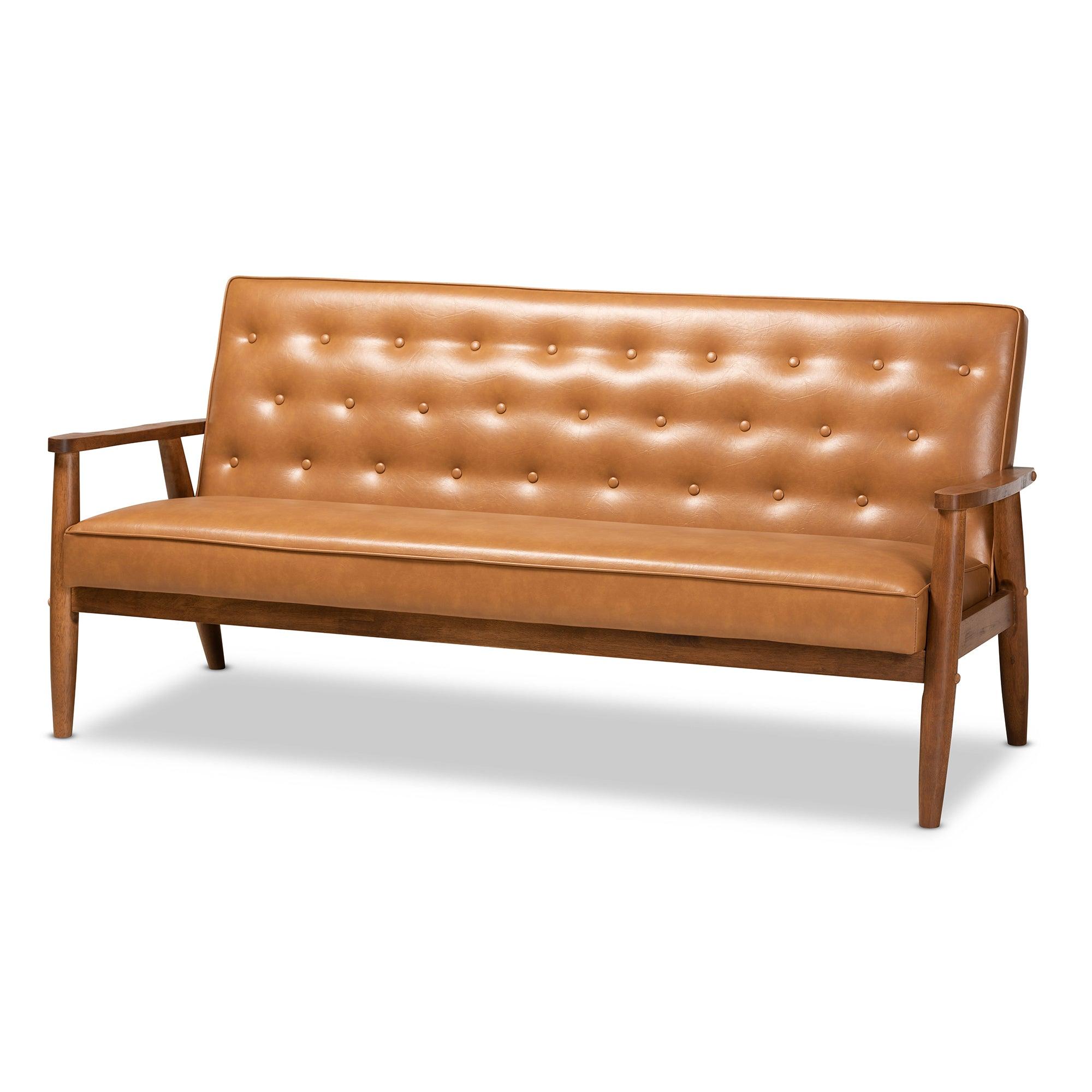 Sorrento Mid-Century Modern Faux Leather Upholstered and Finished Wood Sofa