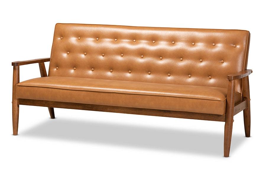 Sorrento Mid-Century Modern Faux Leather Upholstered and Finished Wood Sofa