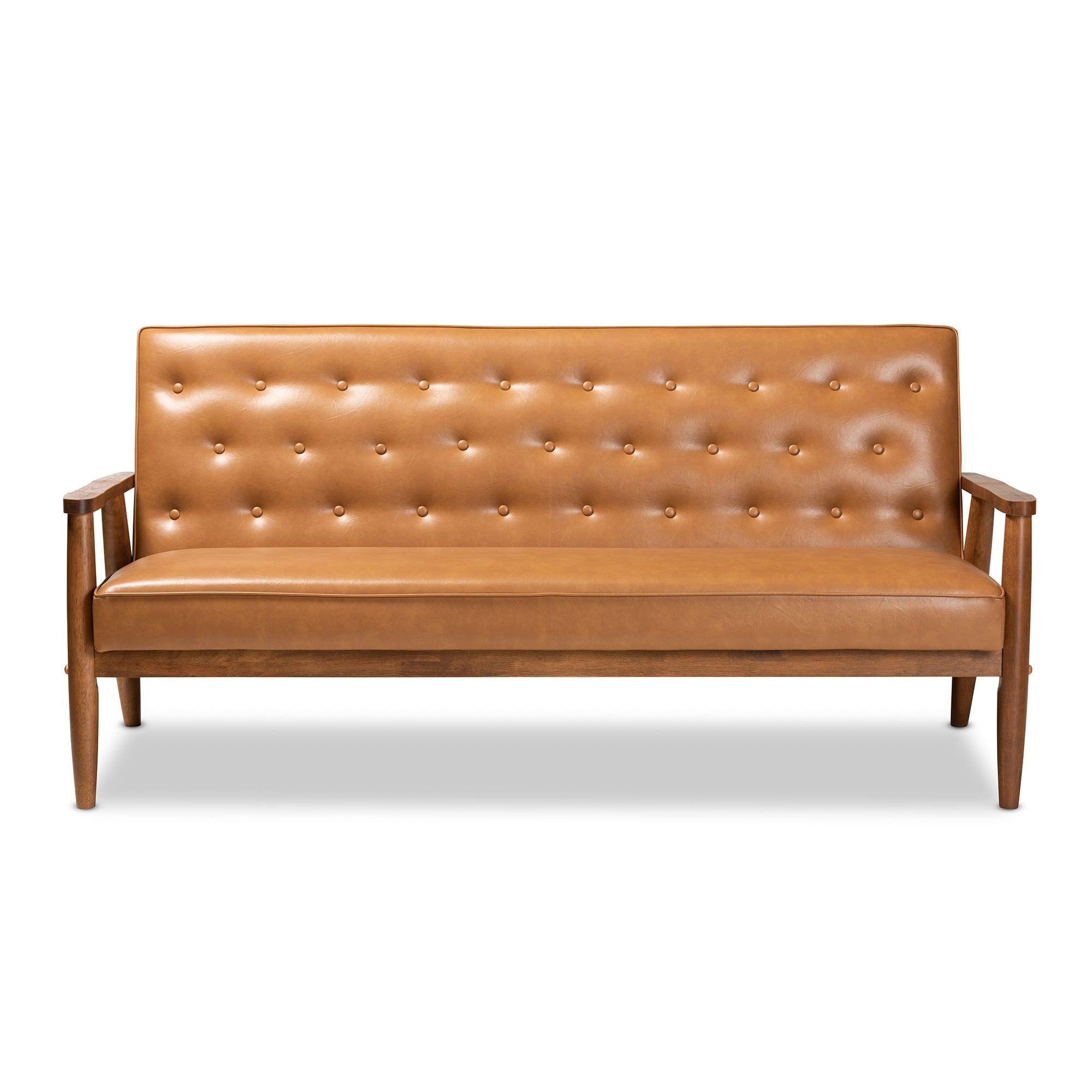 Sorrento Mid-Century Modern Faux Leather Upholstered and Finished Wood Sofa