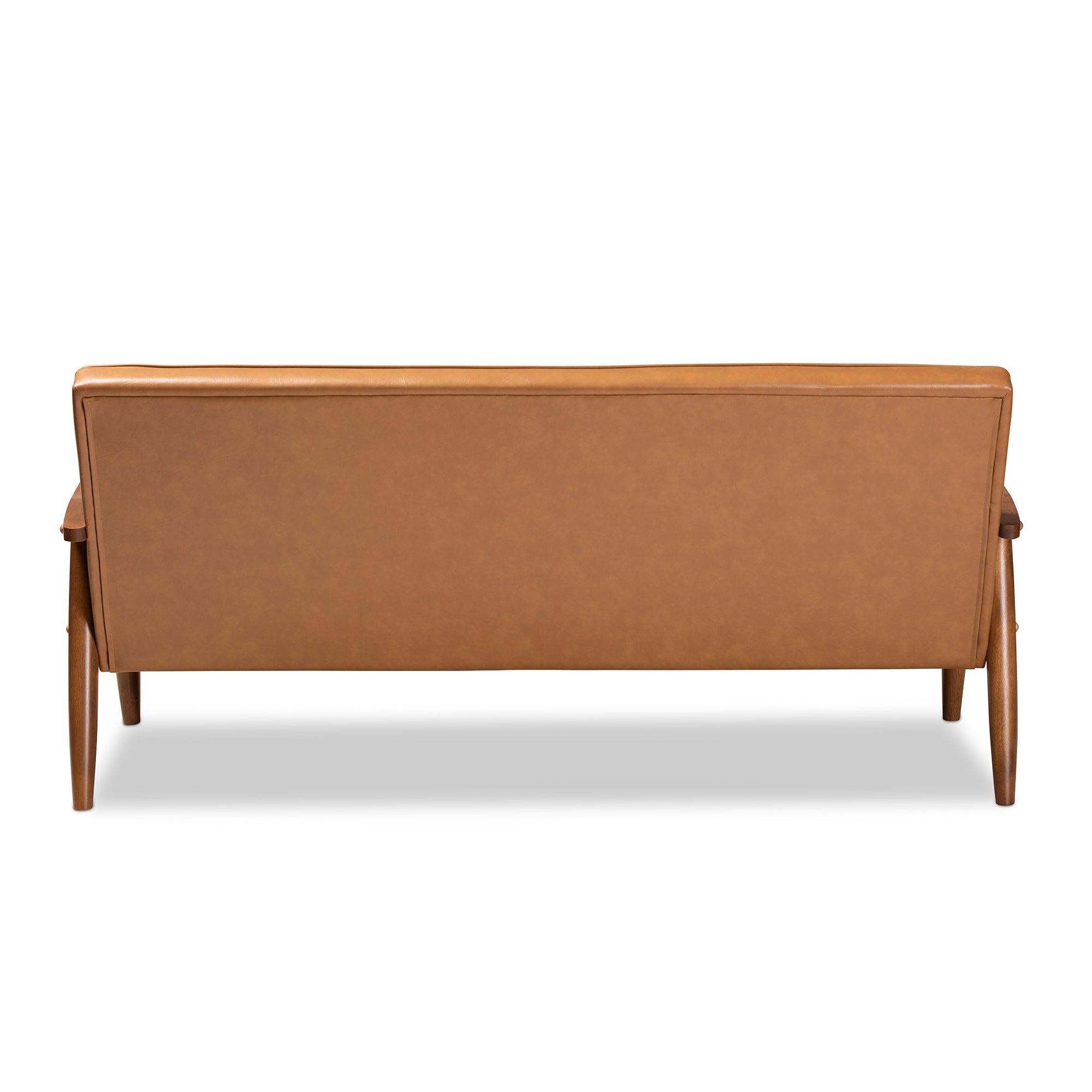 Sorrento Mid-Century Modern Faux Leather Upholstered and Finished Wood Sofa